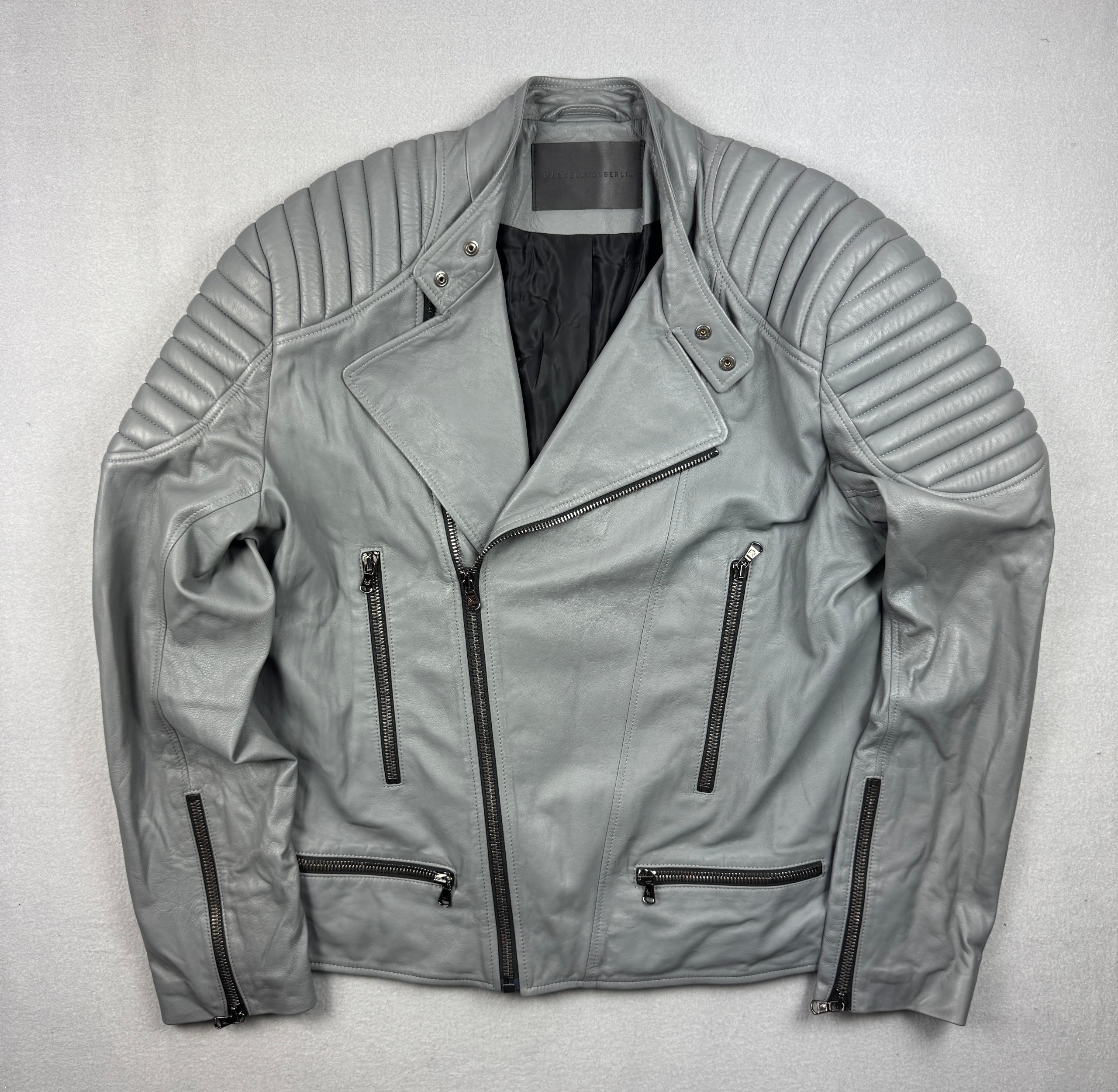 Marcell Von Berlin Grey Lamb Leather Biker Jacket Men`s Quilted Shoulders Size 54 / XL
