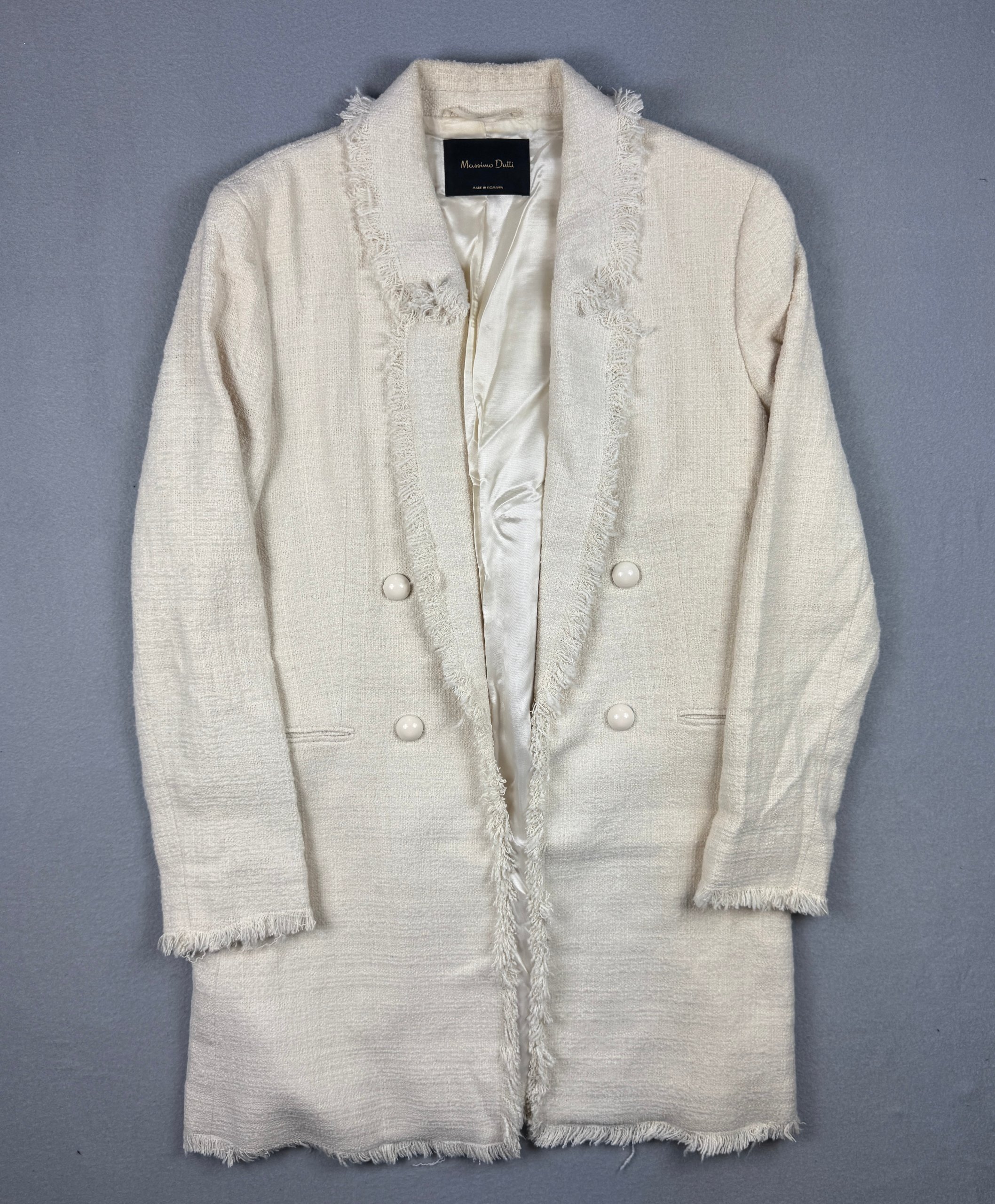 Massimo Dutti 6047 Double Breasted Cream Tweed Fringed Coat Women`s Size 42 / M-L