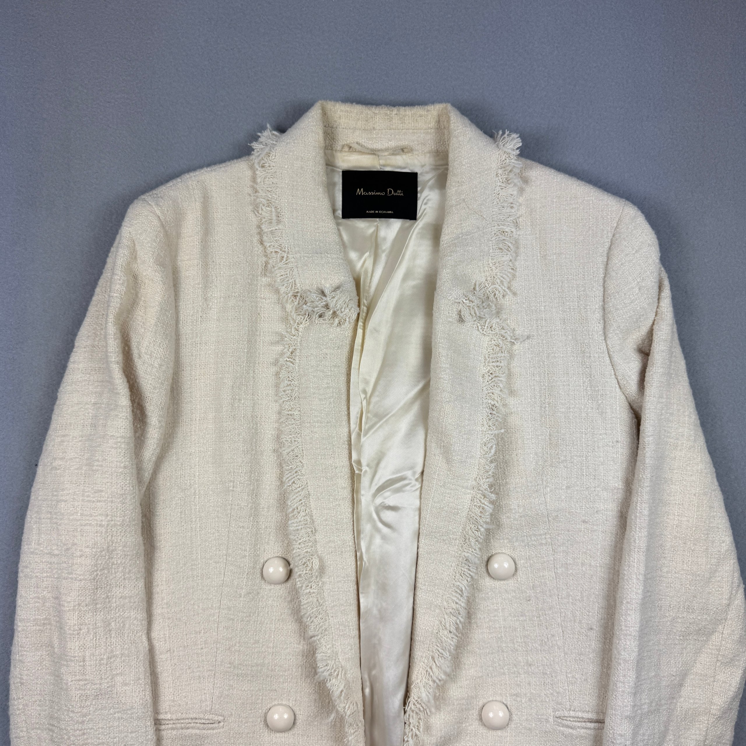 Massimo Dutti 6047 Double Breasted Cream Tweed Fringed Coat Women`s Size 42 / M-L image 3