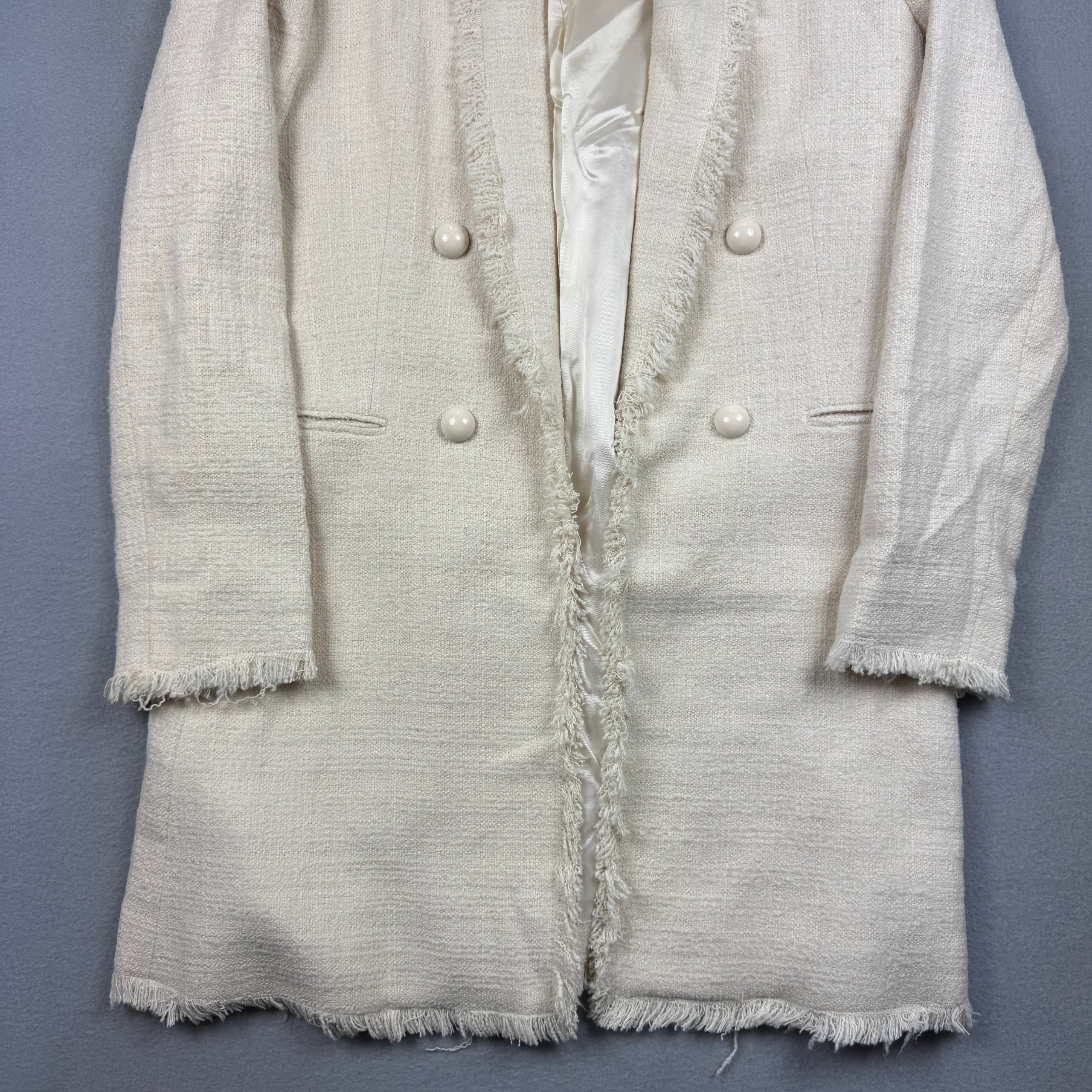 Massimo Dutti 6047 Double Breasted Cream Tweed Fringed Coat Women`s Size 42 / M-L image 4