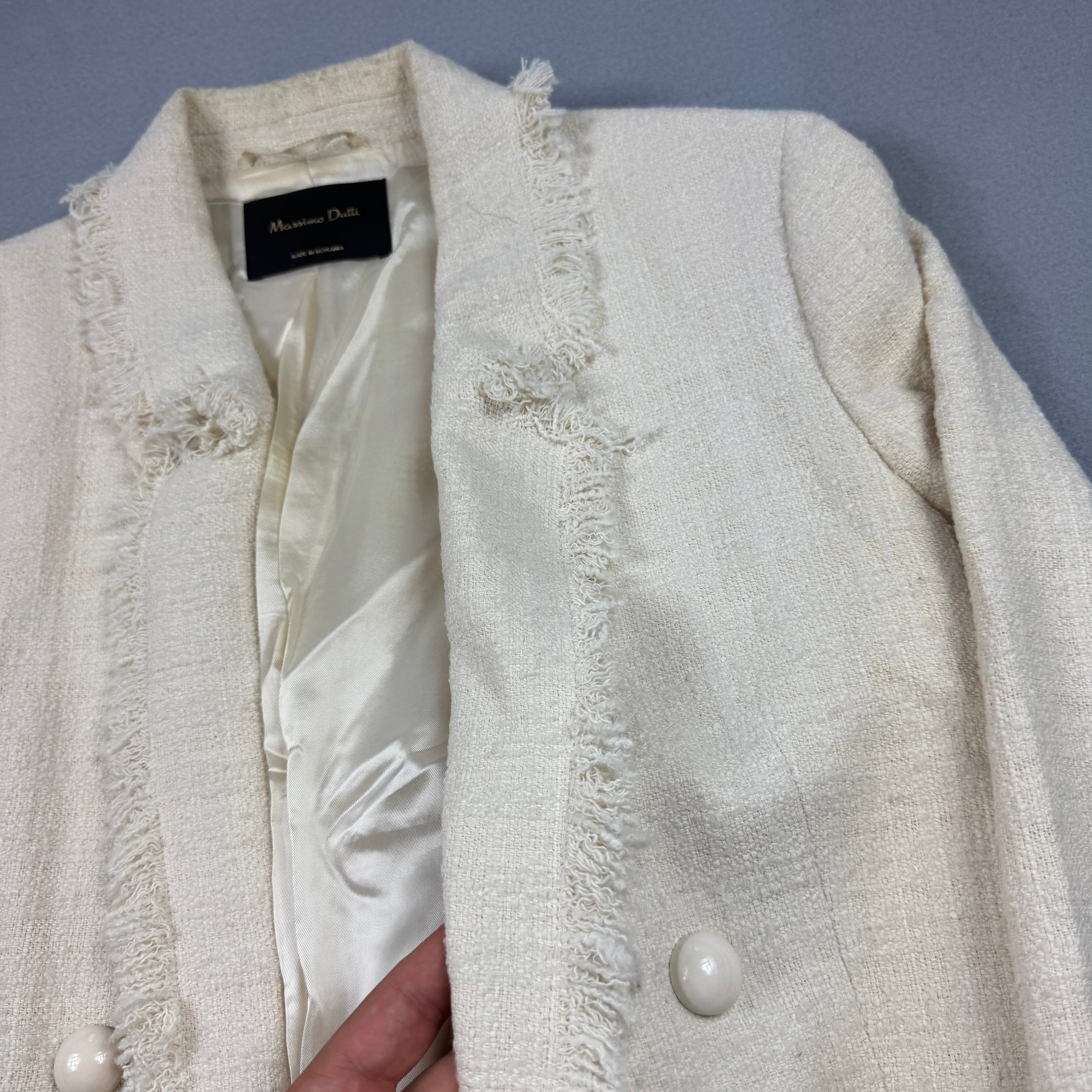 Massimo Dutti 6047 Double Breasted Cream Tweed Fringed Coat Women`s Size 42 / M-L image 6