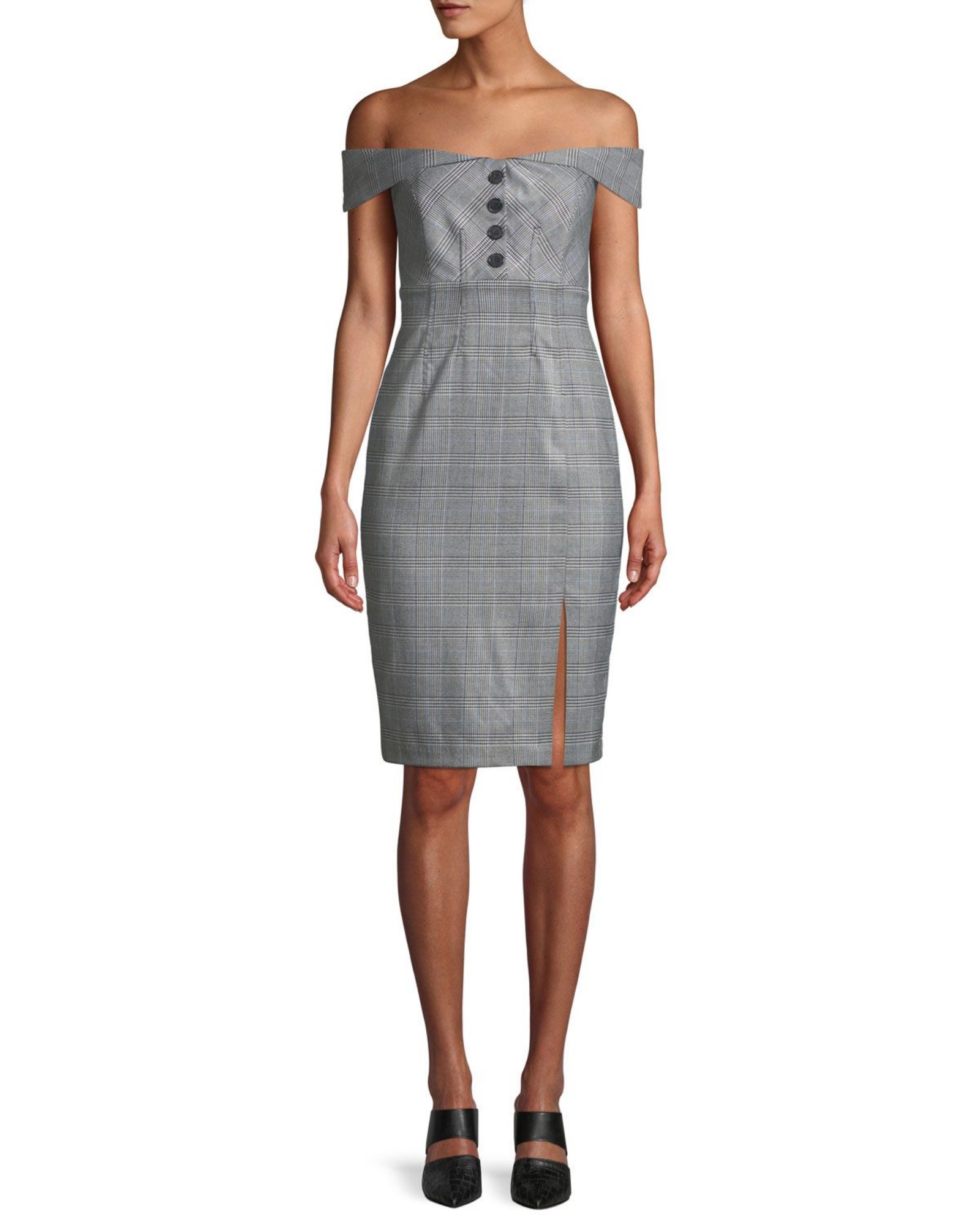 Bardot Women's Grey Checked Off-Shoulder Pencil Dress UK 10