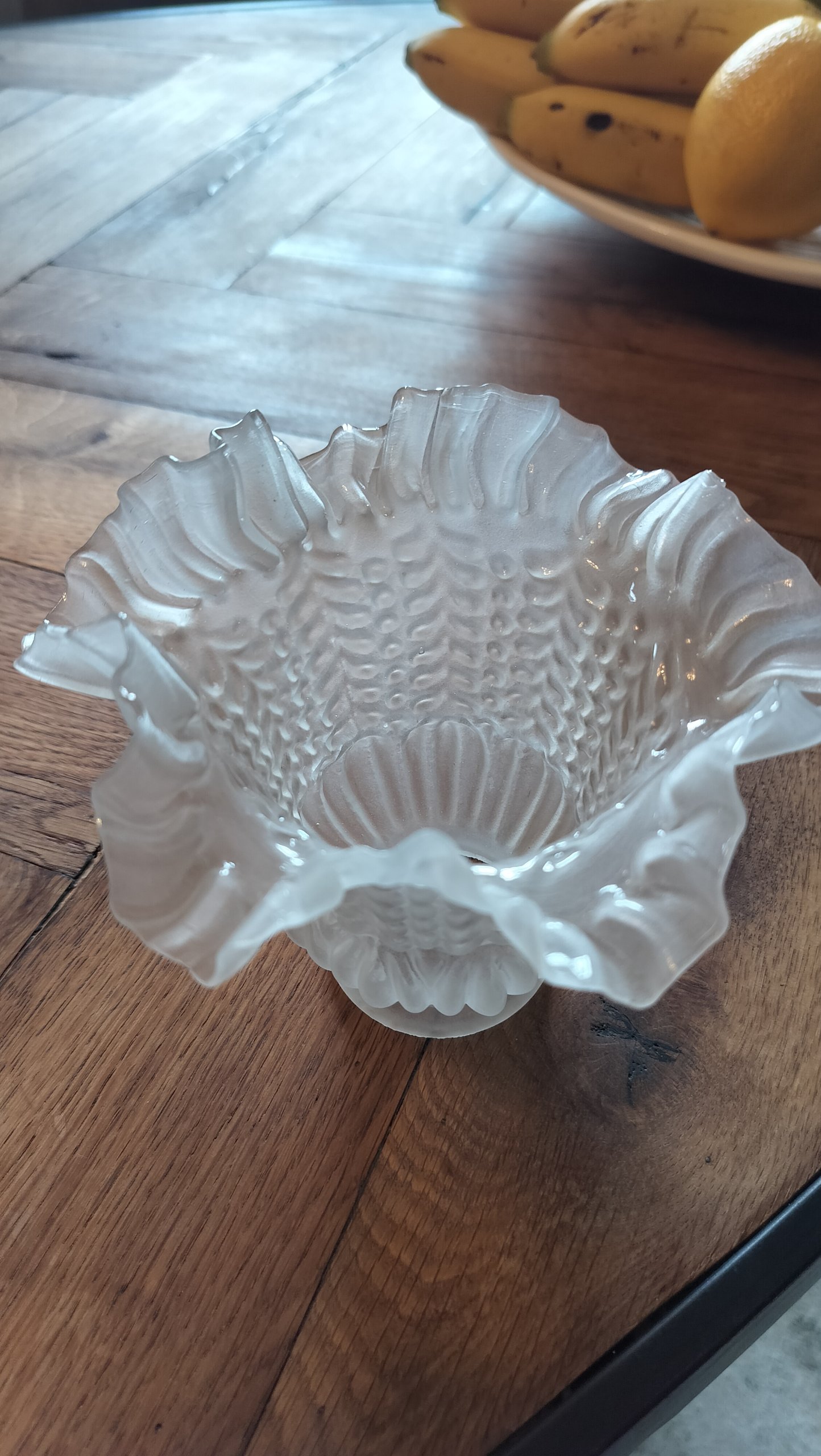 Vintage Lot of 3 Tulip shaped White Frosted Glass Ruffled Edge Light fittings with Bubble Texture image 2