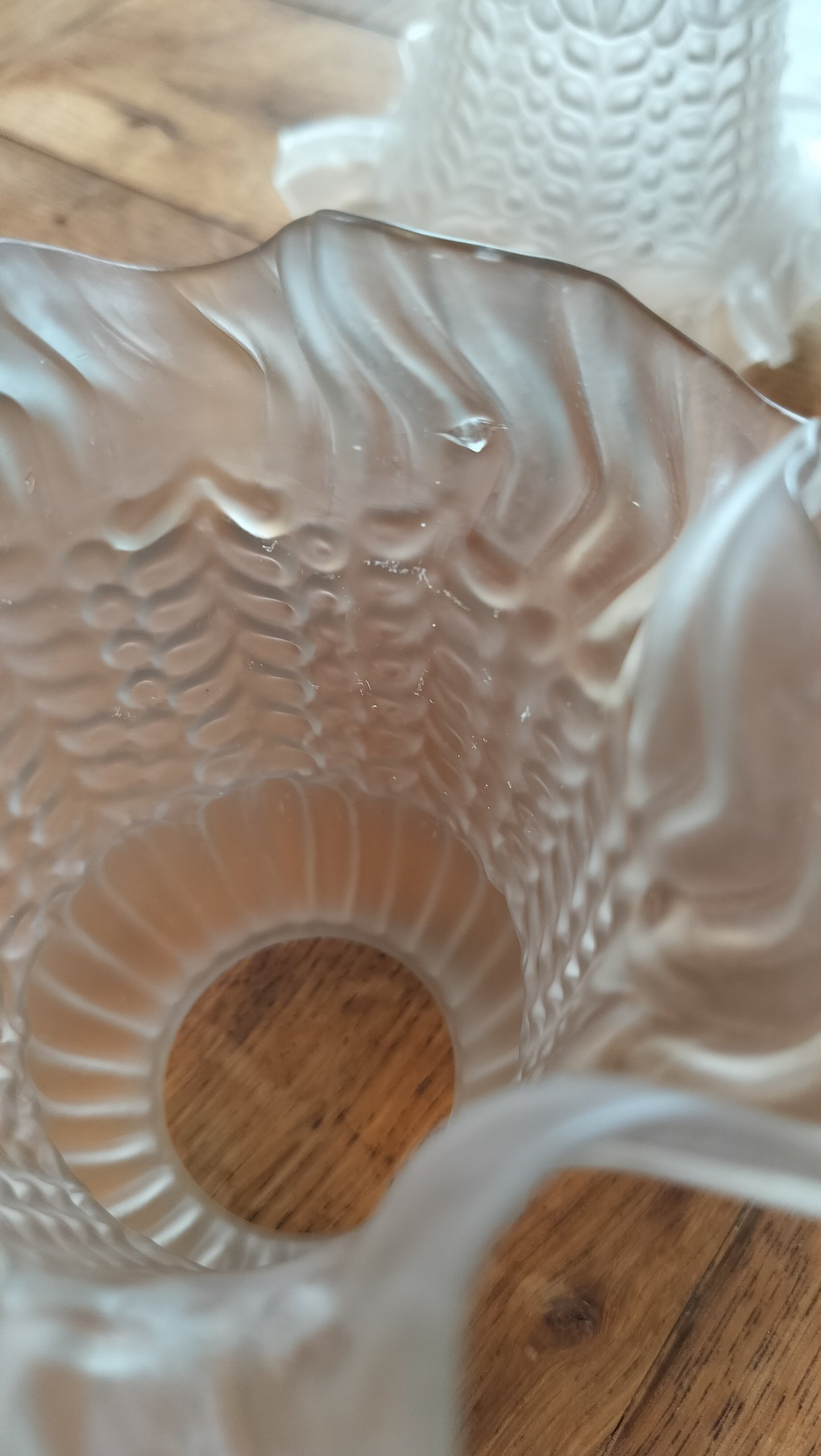 Vintage Lot of 3 Tulip shaped White Frosted Glass Ruffled Edge Light fittings with Bubble Texture image 5