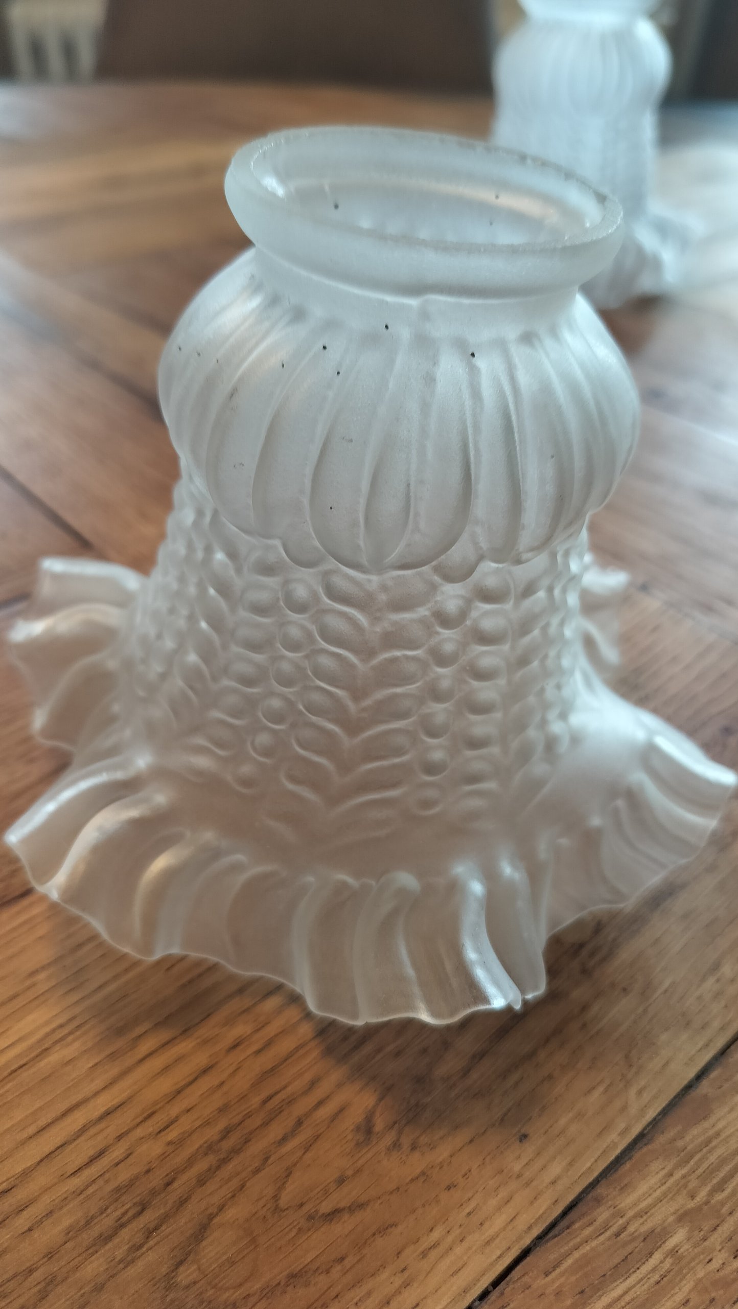 Vintage Lot of 3 Tulip shaped White Frosted Glass Ruffled Edge Light fittings with Bubble Texture image 9