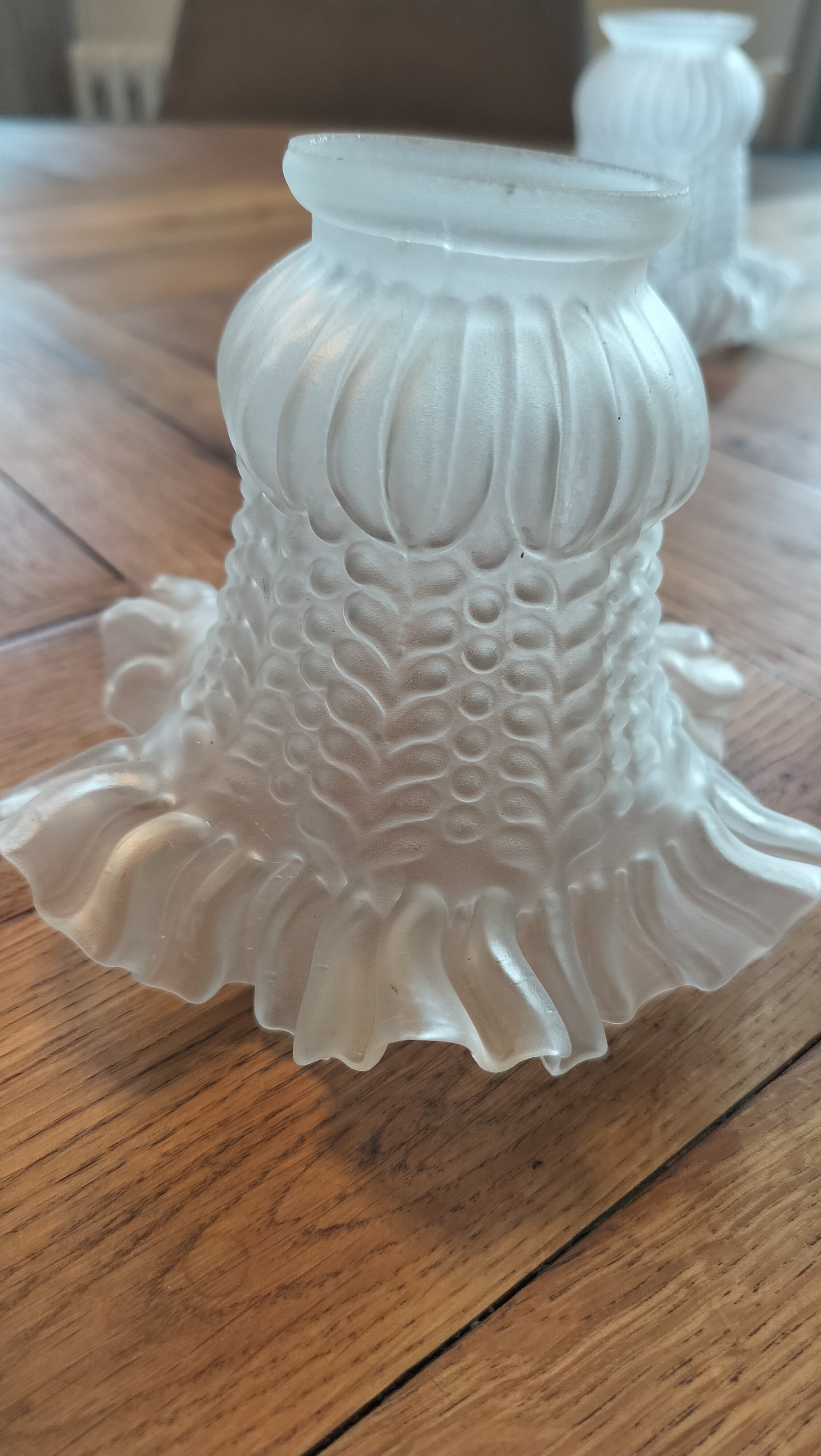 Vintage Lot of 3 Tulip shaped White Frosted Glass Ruffled Edge Light fittings with Bubble Texture image 10