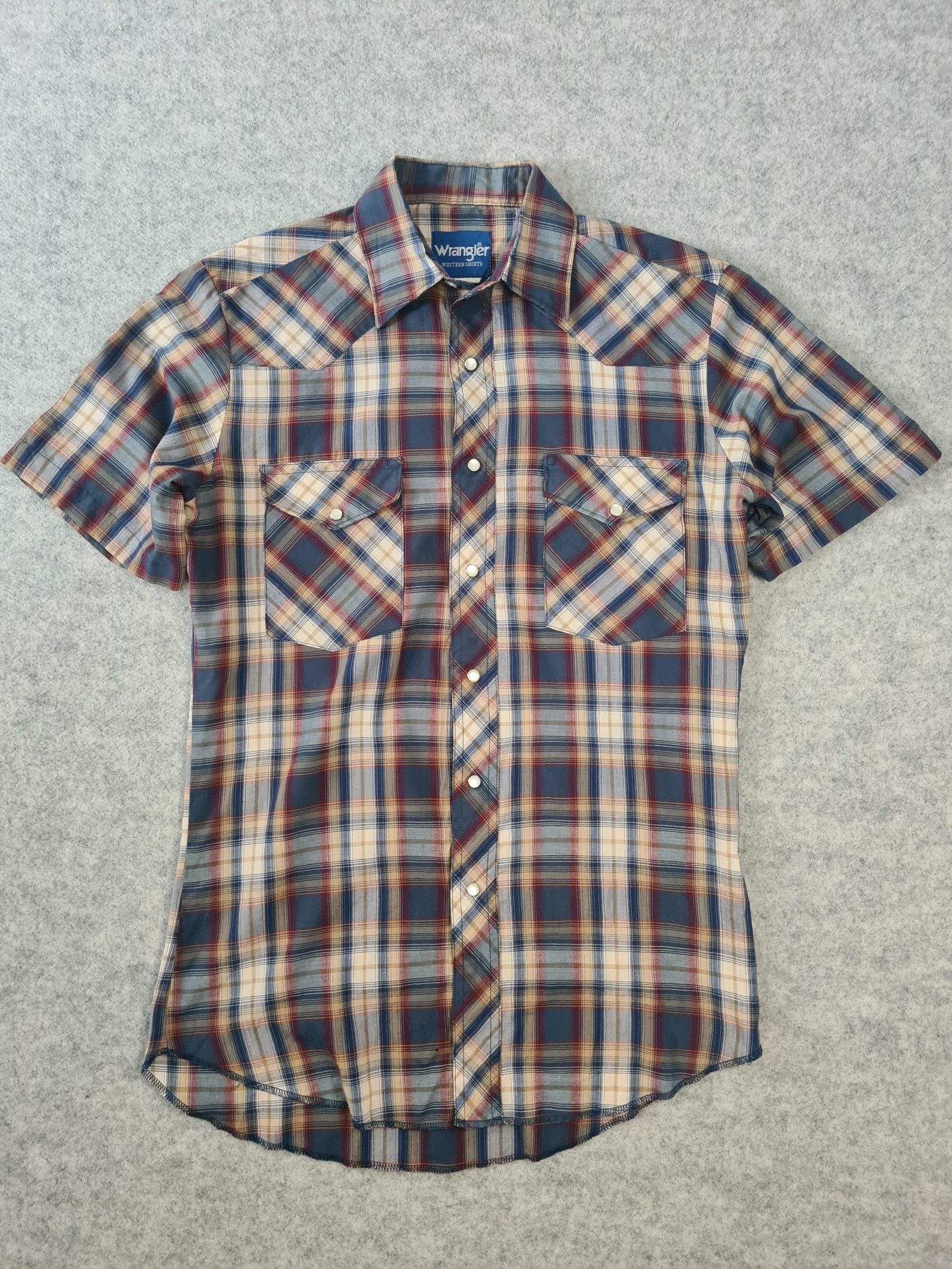 Wrangler Western Shirt Blue Beige Red Check Short Sleeve Pearl Snap Medium 1126
