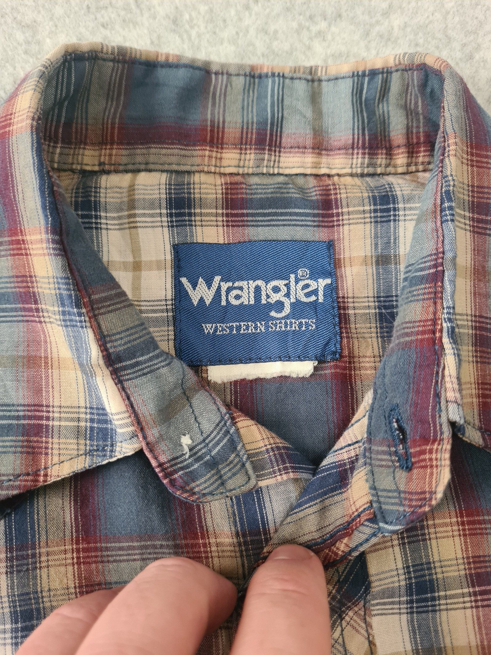 Wrangler Western Shirt Blue Beige Red Check Short Sleeve Pearl Snap Medium 1126 image 4
