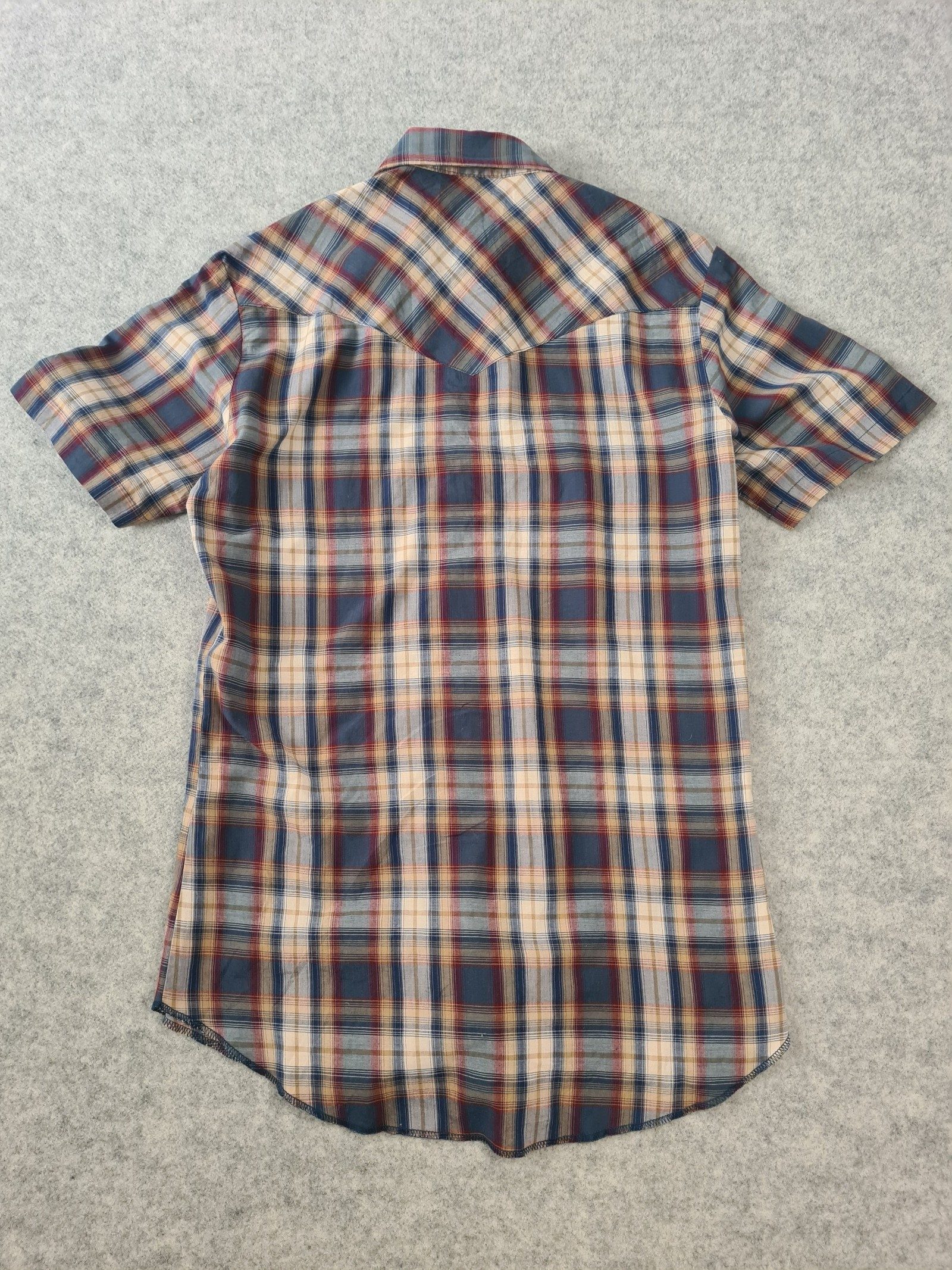 Wrangler Western Shirt Blue Beige Red Check Short Sleeve Pearl Snap Medium 1126 image 5
