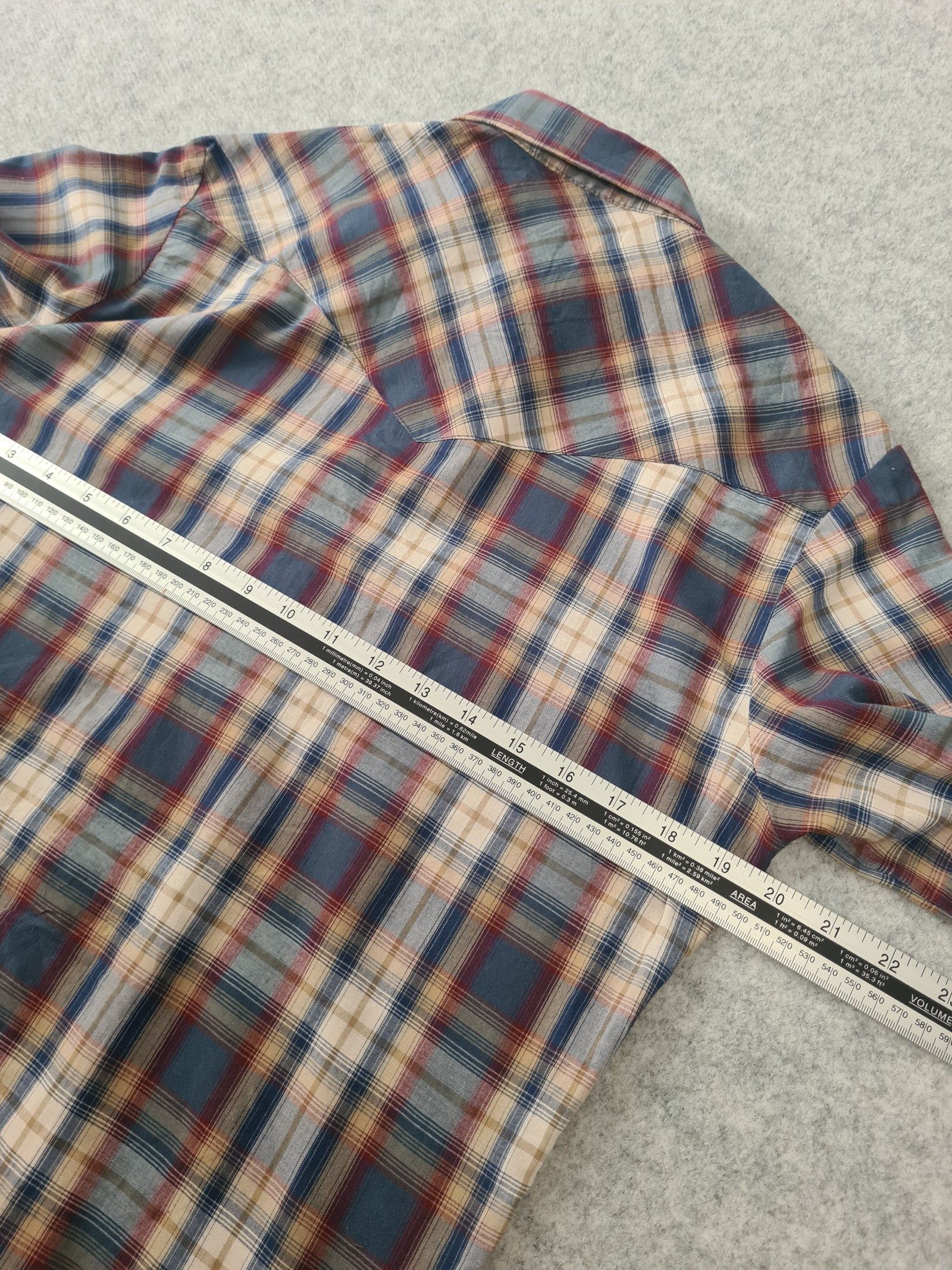 Wrangler Western Shirt Blue Beige Red Check Short Sleeve Pearl Snap Medium 1126 image 6
