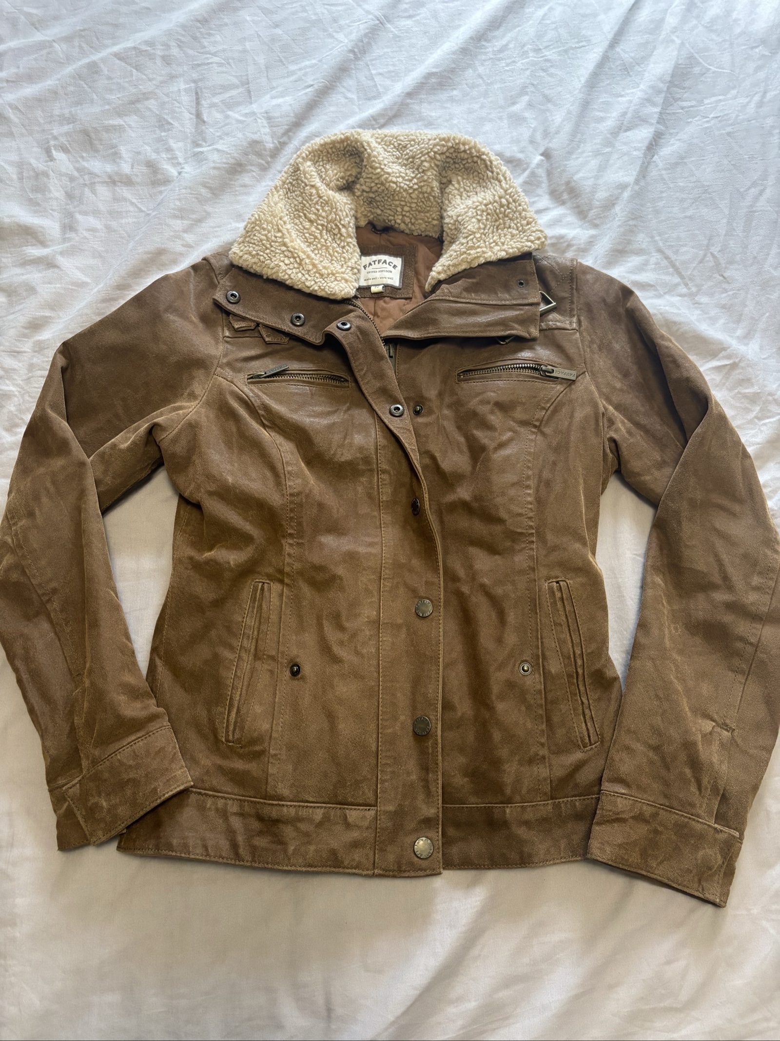 FatFace Brown Suede Jacket Size 10 Faux Shearling Collar