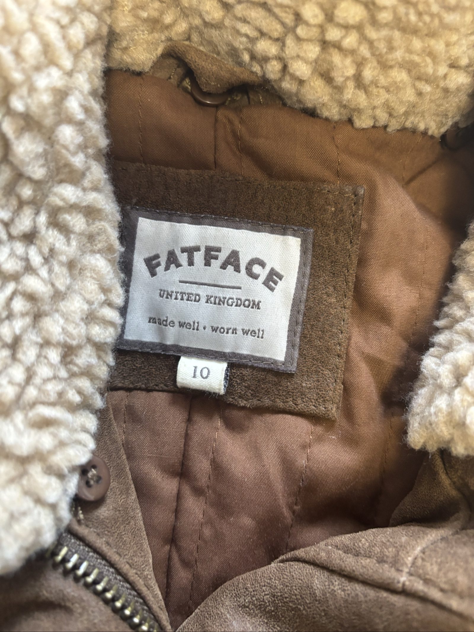 FatFace Brown Suede Jacket Size 10 Faux Shearling Collar image 2