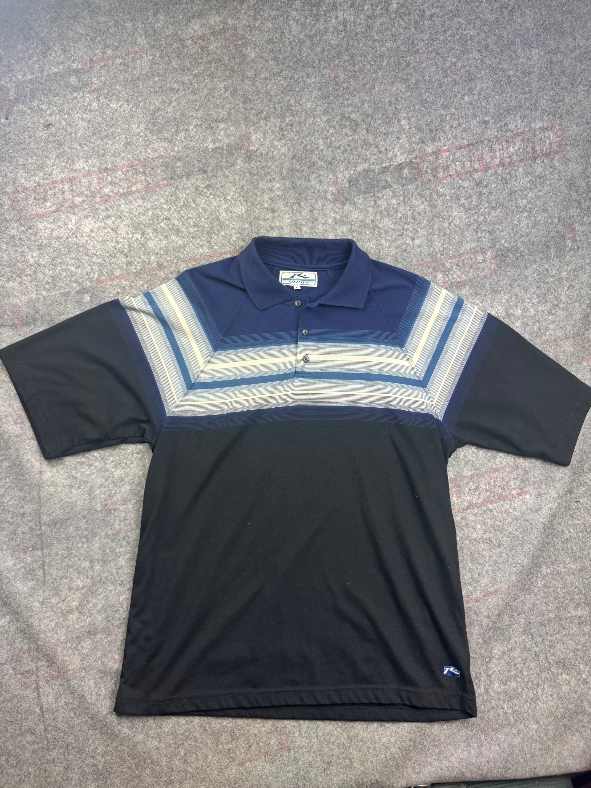 Rusty Navy & Black Striped Polo Large Vintage 90s Surf Shirt