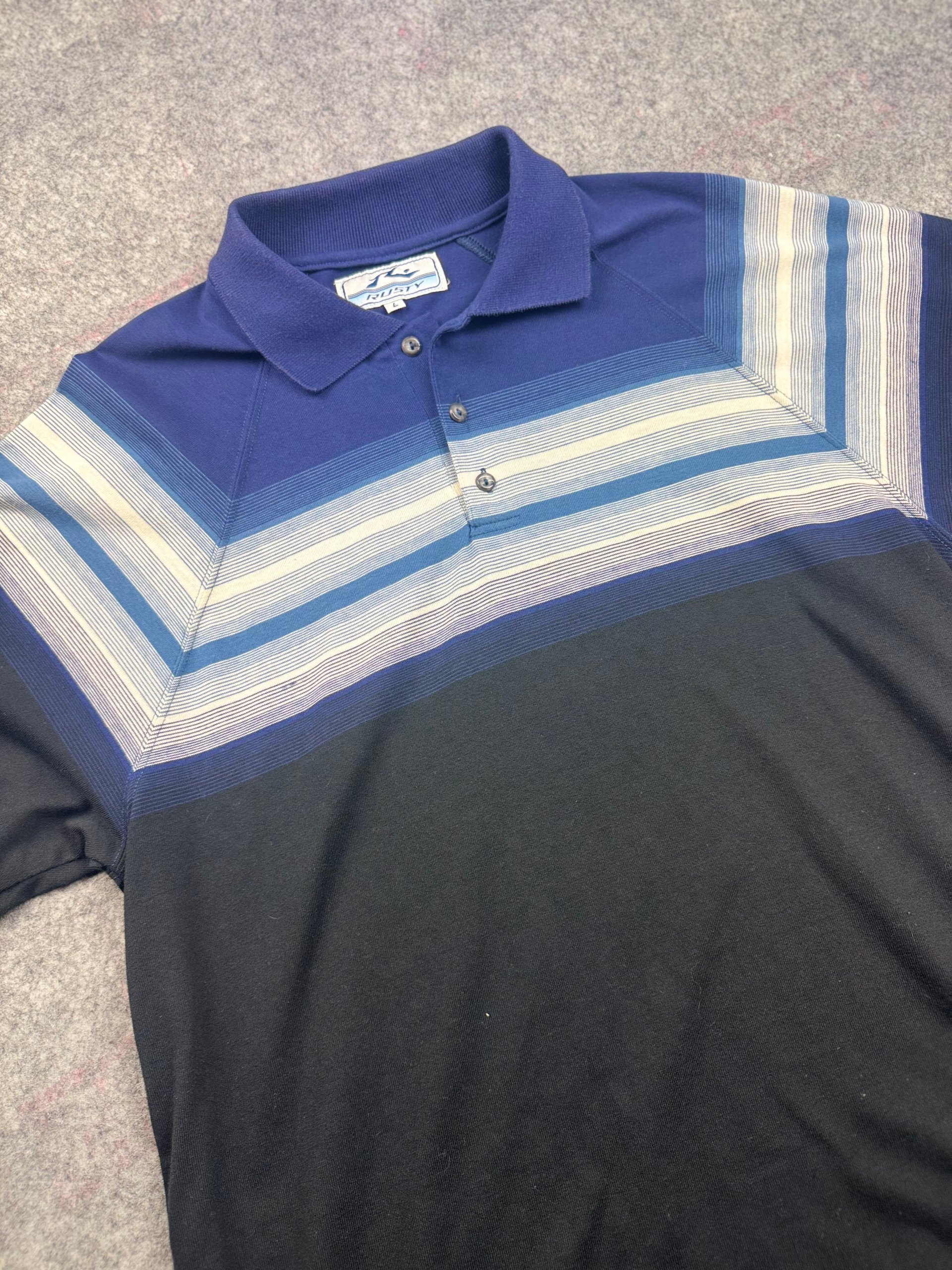 Rusty Navy & Black Striped Polo Large Vintage 90s Surf Shirt image 2