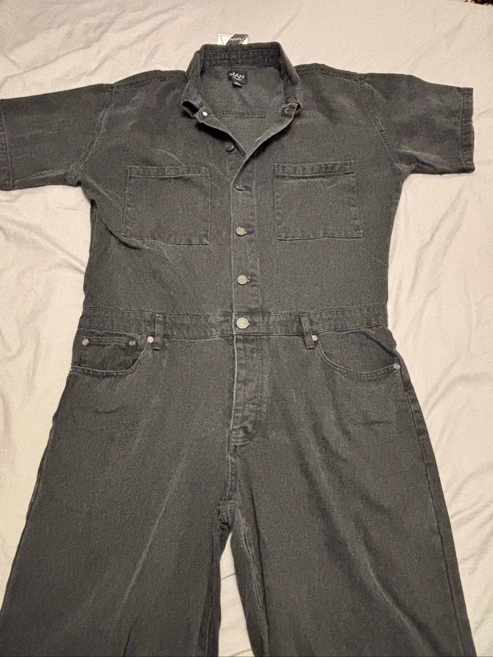 BoohooMAN Black Denim Jumpsuit XL Short Sleeve Button-Up