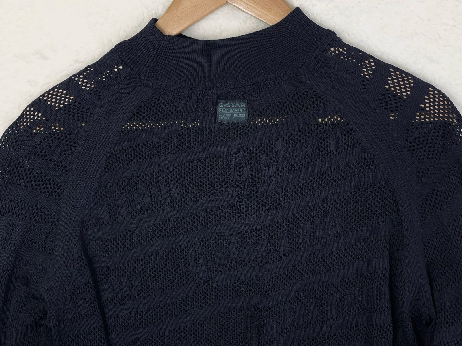 G-STAR RAW pointelle Knit Sweater Mesh sheer top high neck logo pattern Medium image 4