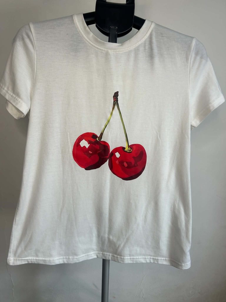 White Cherry Print Women's T-Shirt Medium 95% Polyester 5% Elastane