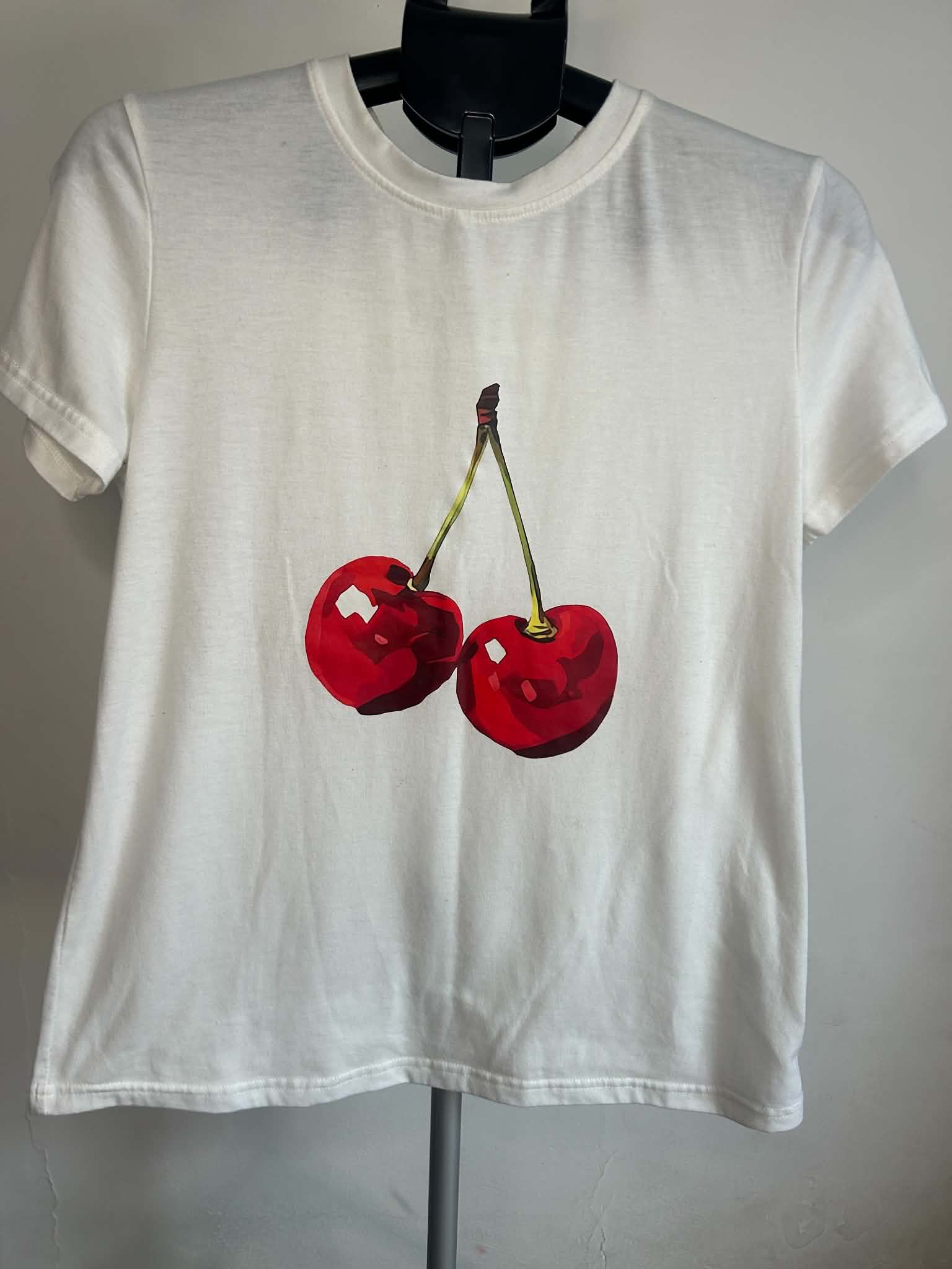 White Cherry Print Women's T-Shirt Medium 95% Polyester 5% Elastane