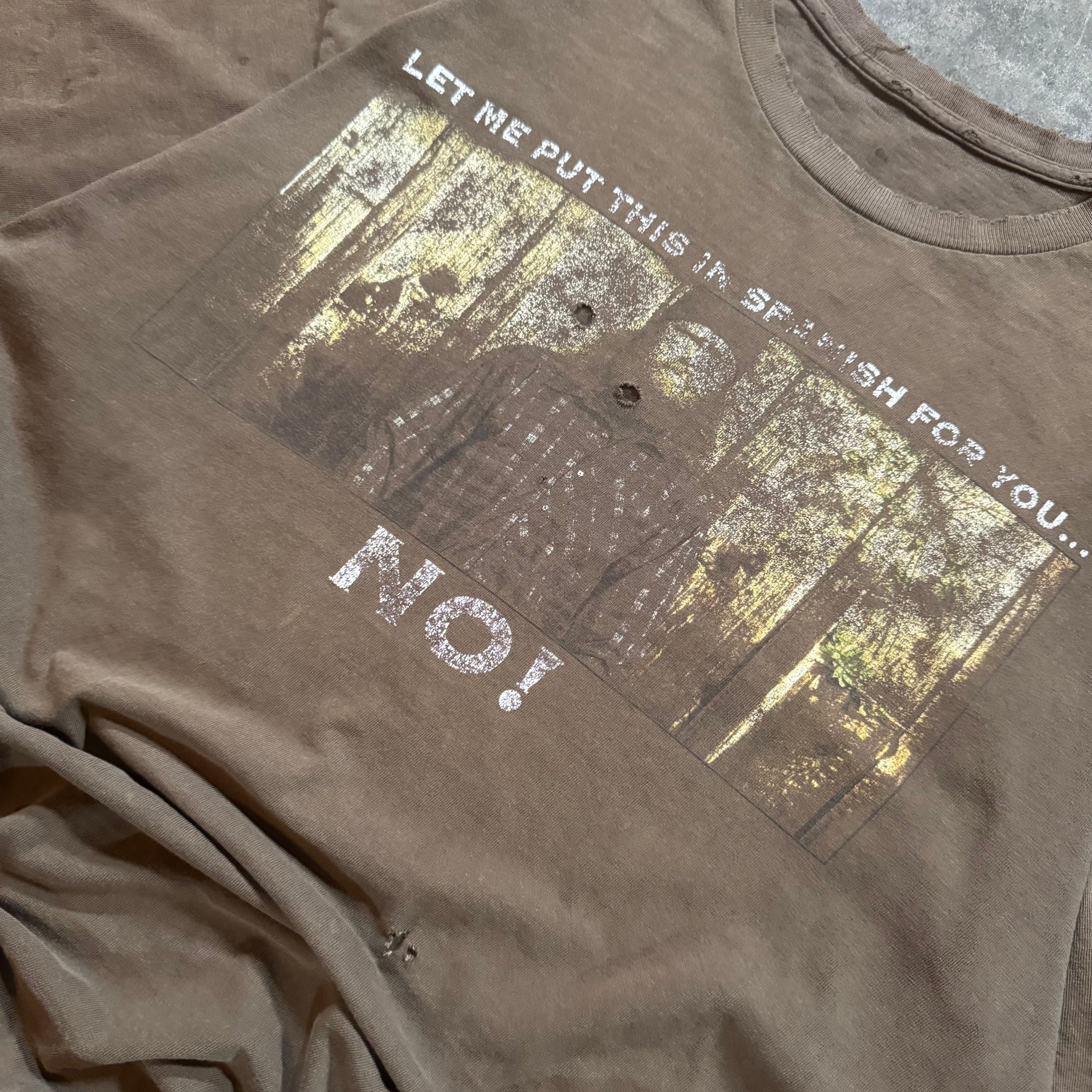 Vintage Brown Graphic Tee Distressed Holes Oversized Unisex Large Cotton