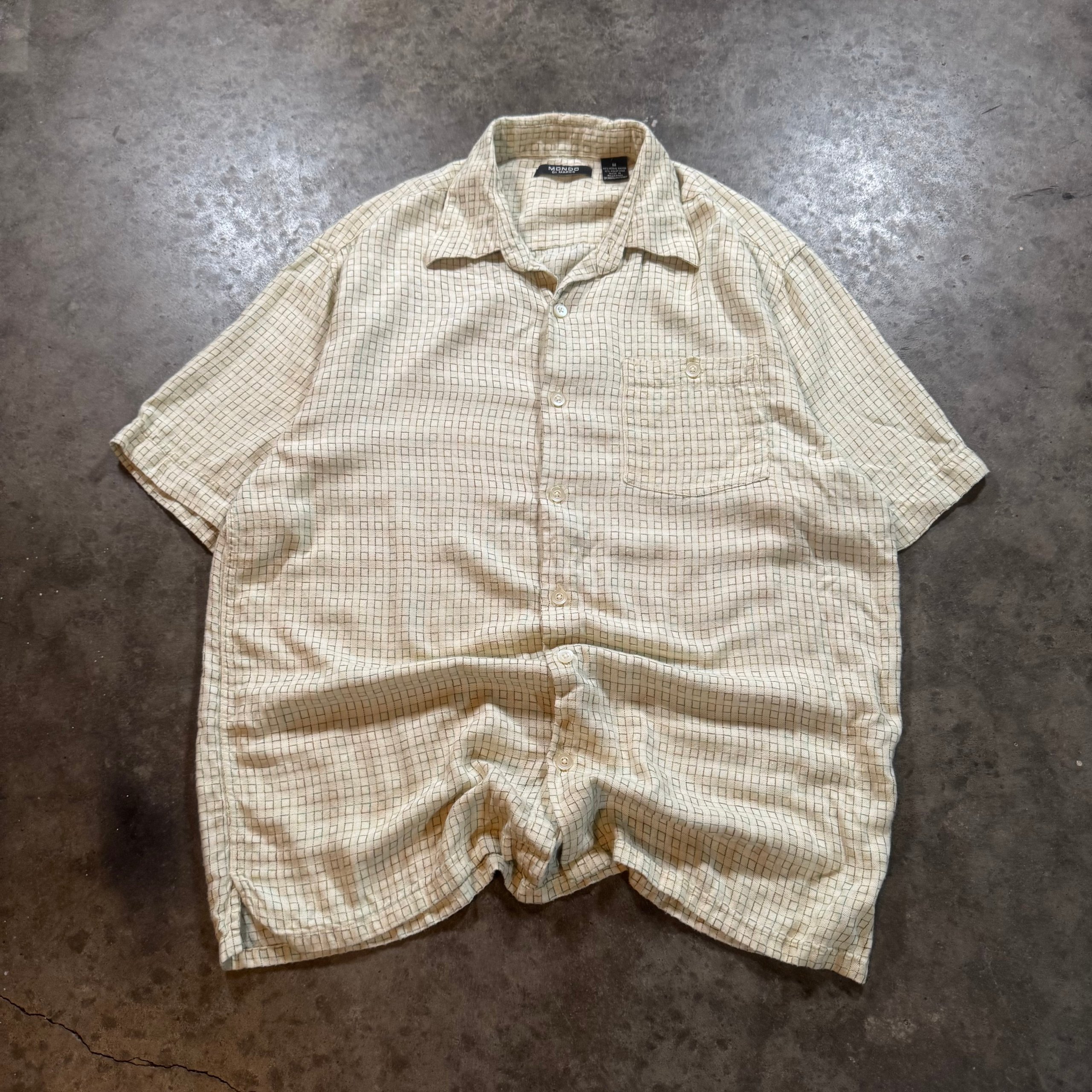 Mondo Black & Beige Grid Pattern Button-Up Shirt Large Rayon Short Sleeve image 2