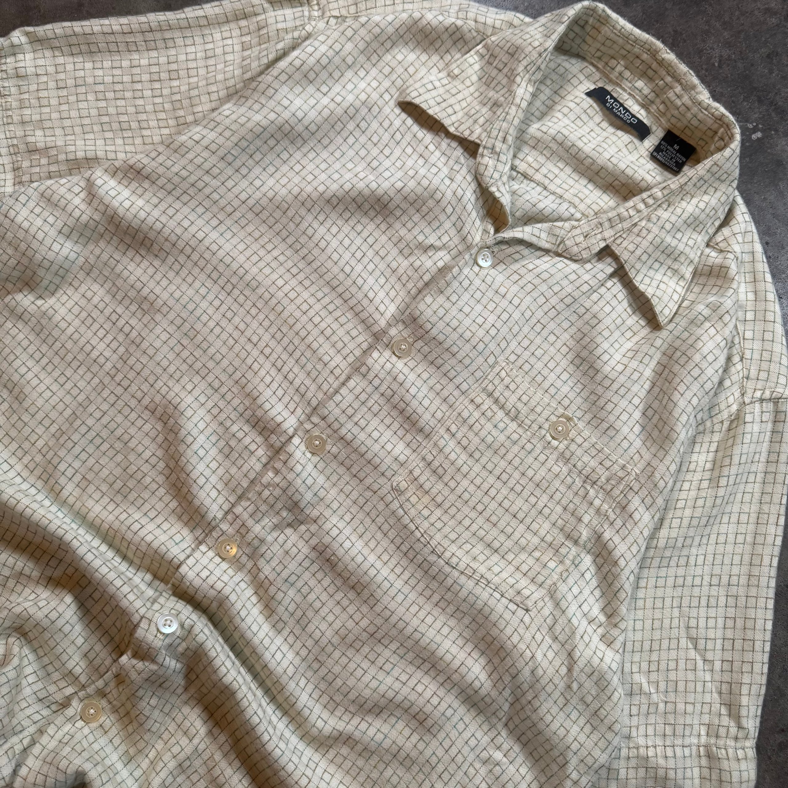 Mondo Black & Beige Grid Pattern Button-Up Shirt Large Rayon Short Sleeve
