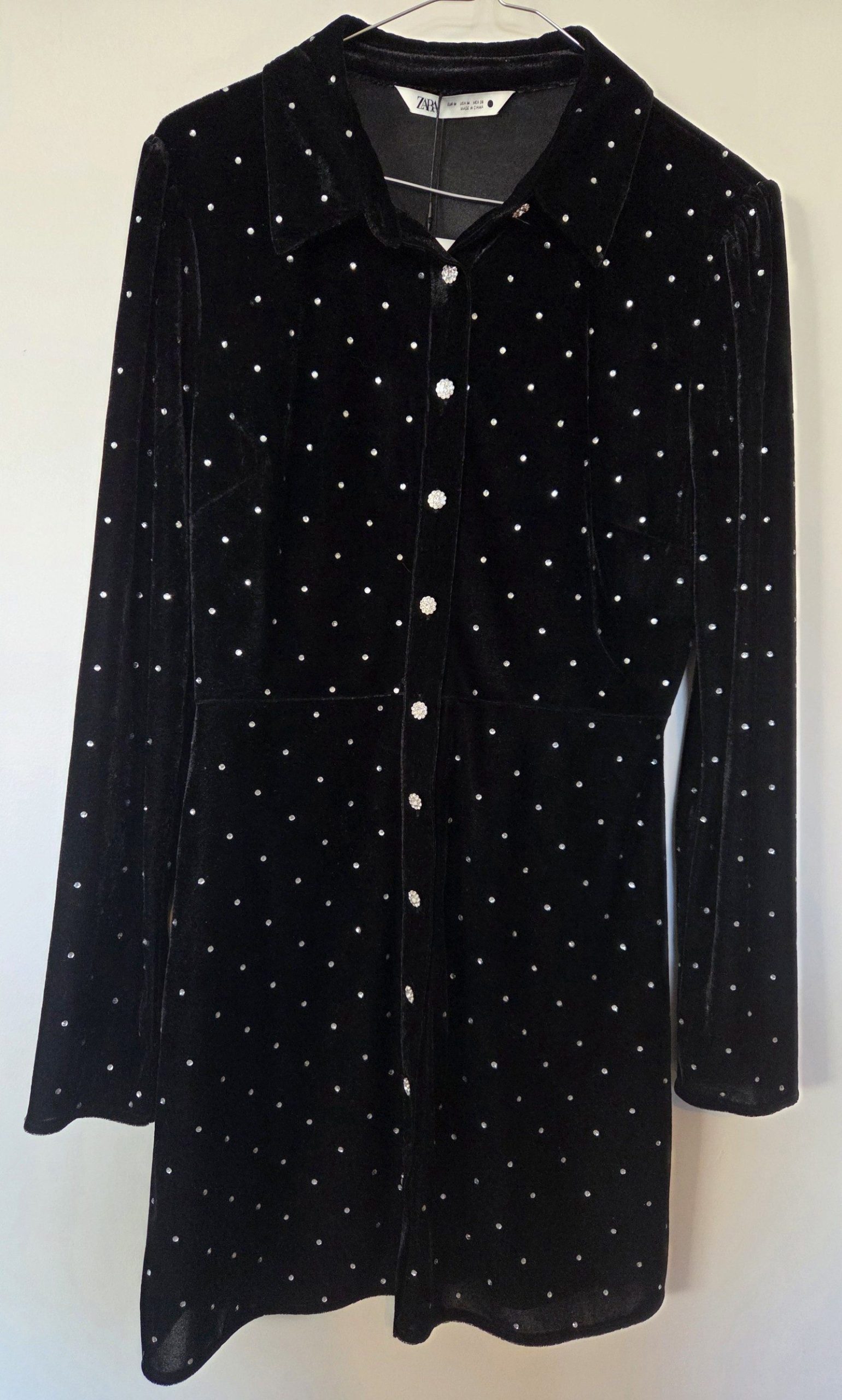 Zara Women's Black Velvet Rhinestone Polka Dot Dress Medium image 2