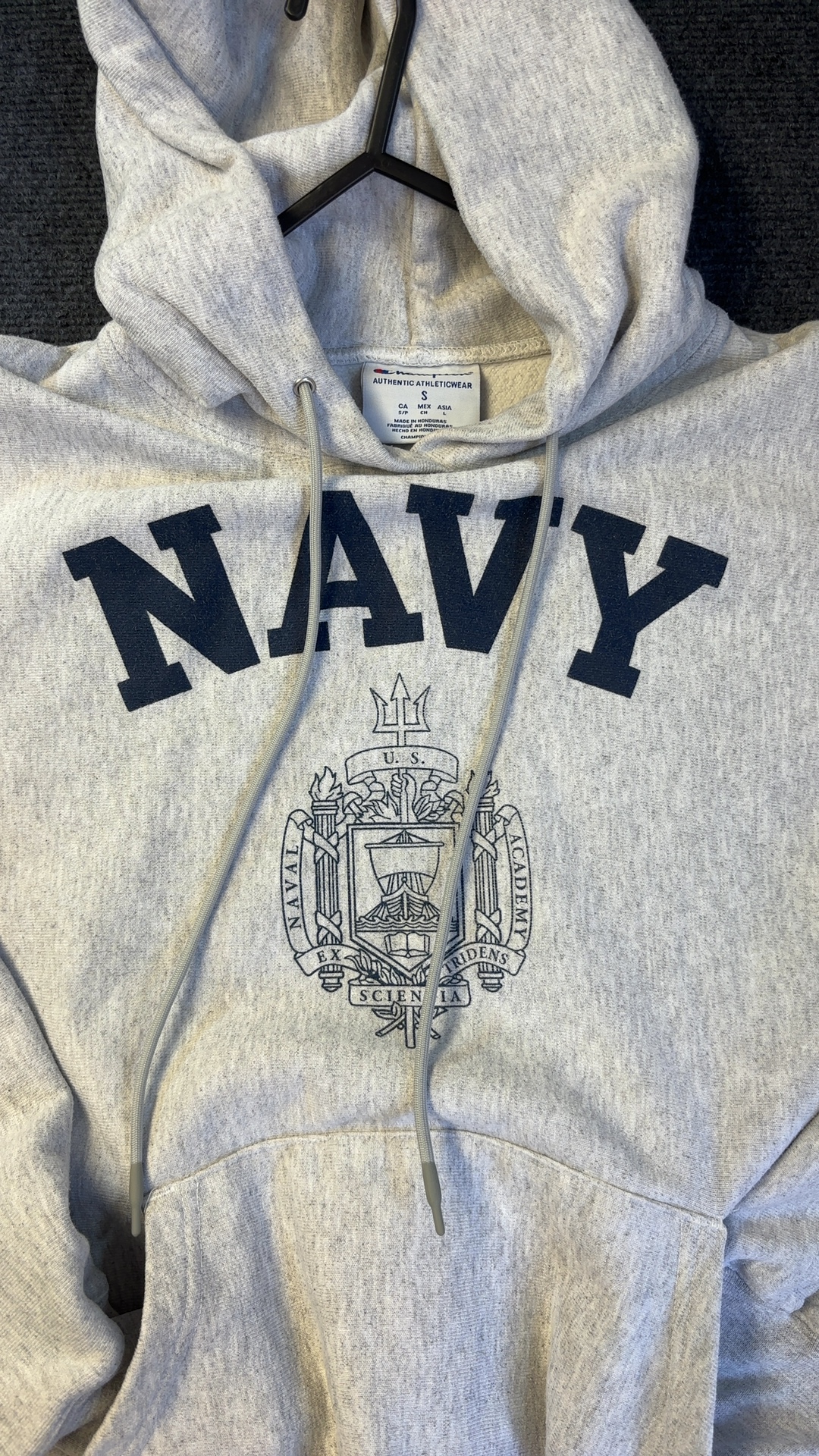 Champion Grey Navy Print Hoodie Small Authentic Athleticwear excellent condition image 2