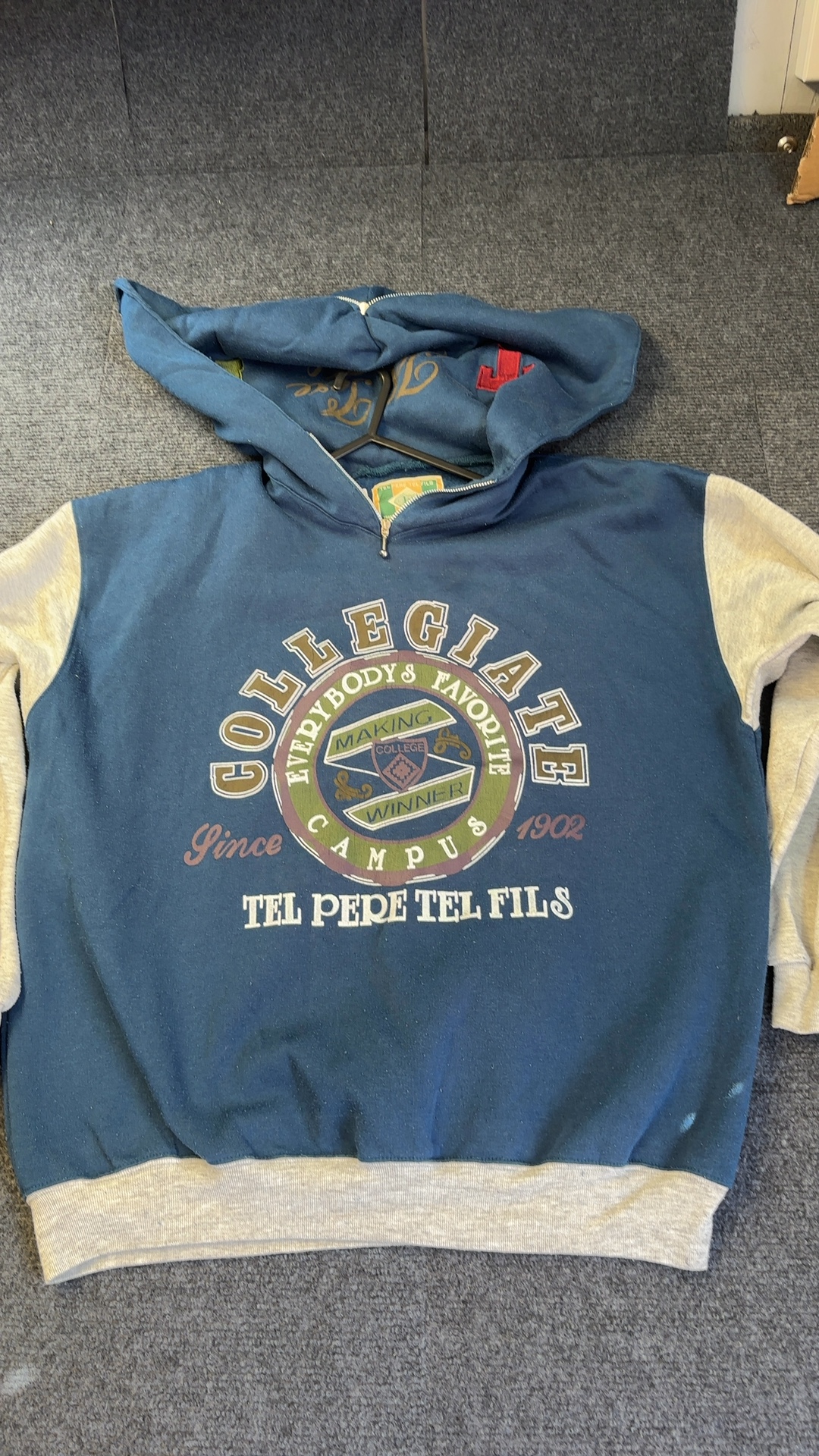 Tel Pere Tel Fils Blue & Grey Zip Hoodie Medium Vintage
