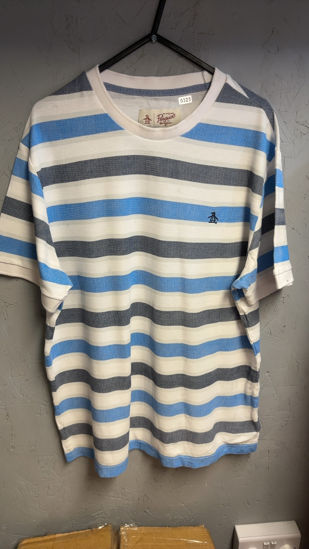 Original Penguin Men's Blue, White & Grey Striped Cotton T-Shirt Large excellent condition image 2