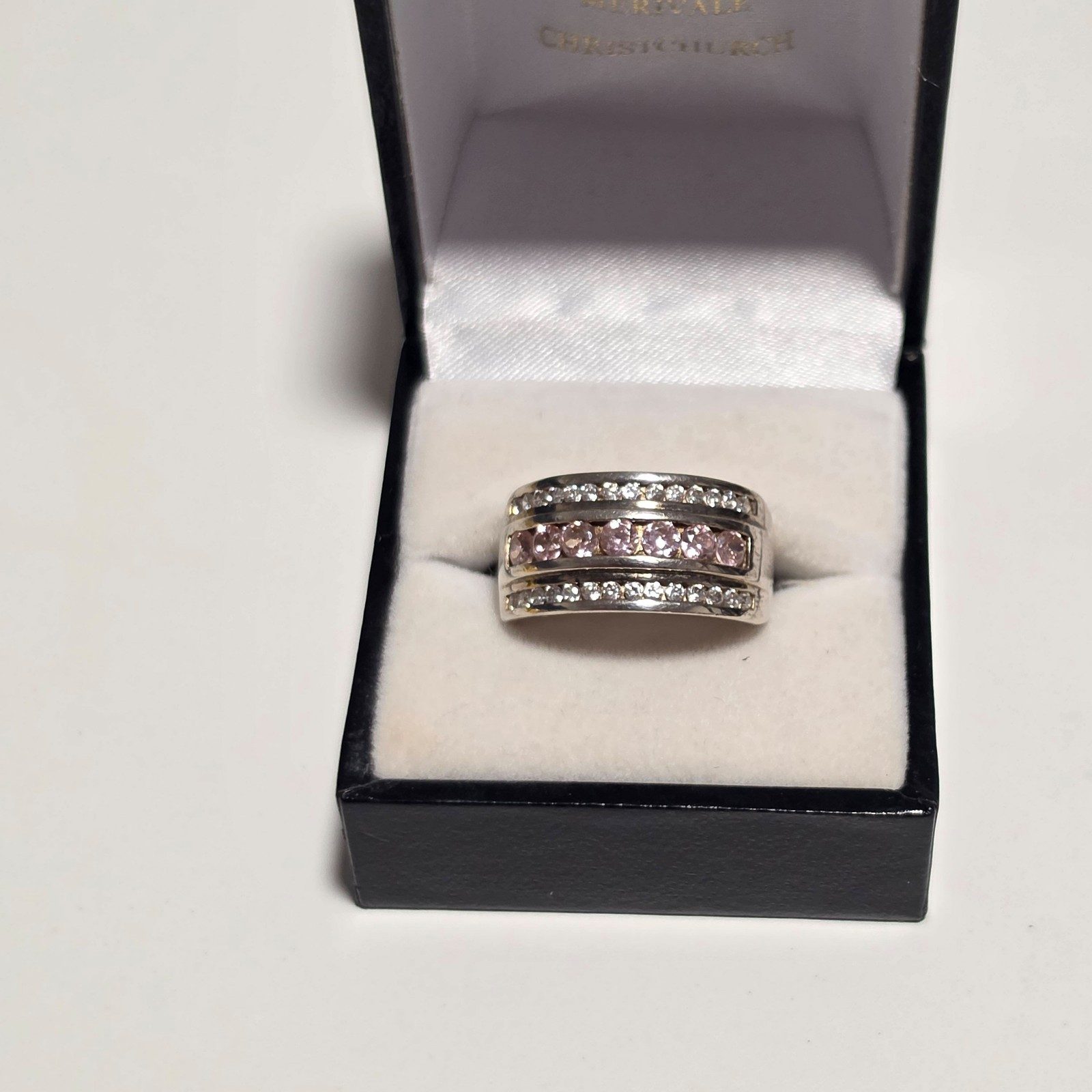 925 Silver Pink & White Stone Ring .b6