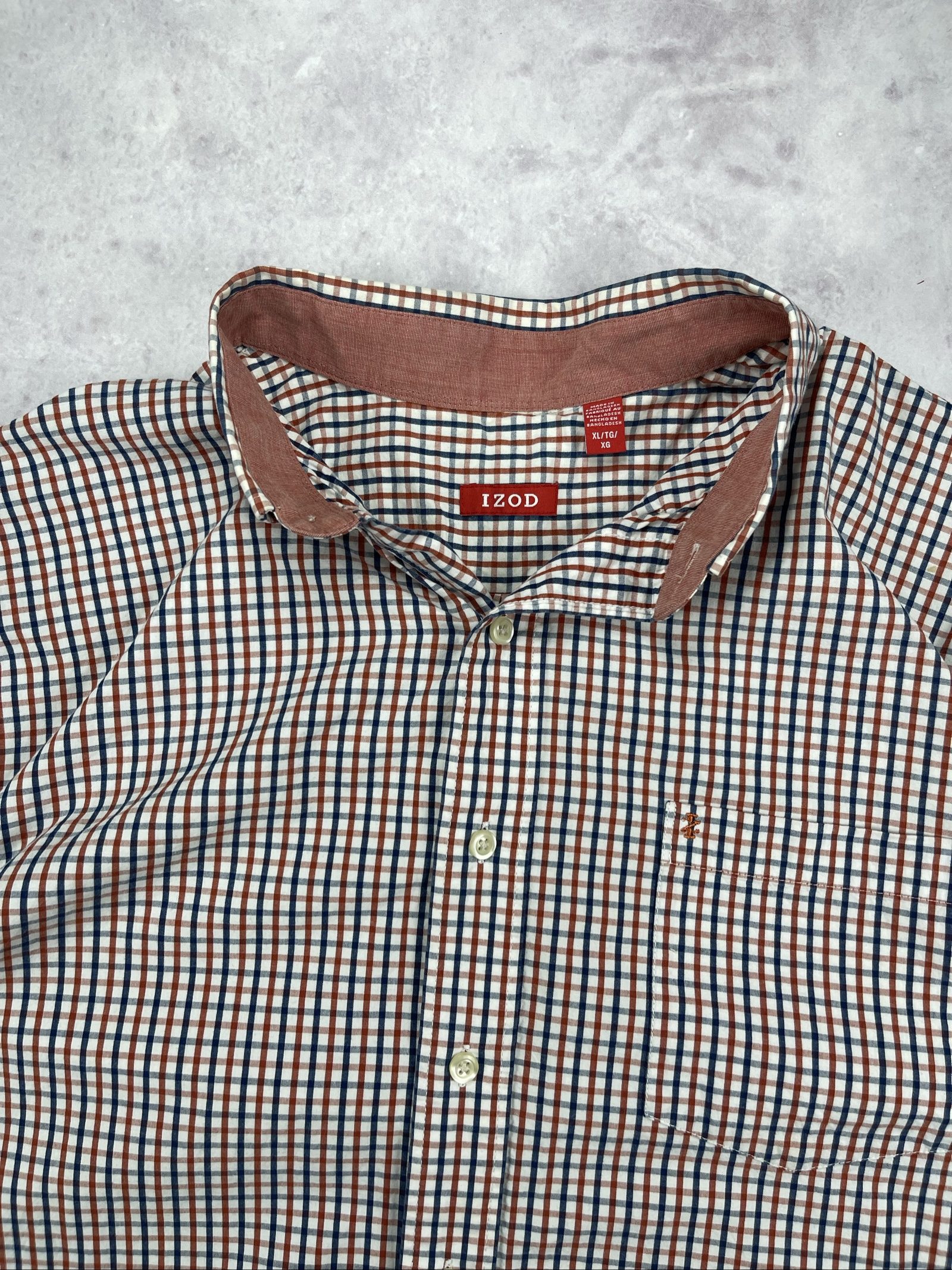 IZOD Men's Brown & Blue Checked Short Sleeve Shirt XL image 4