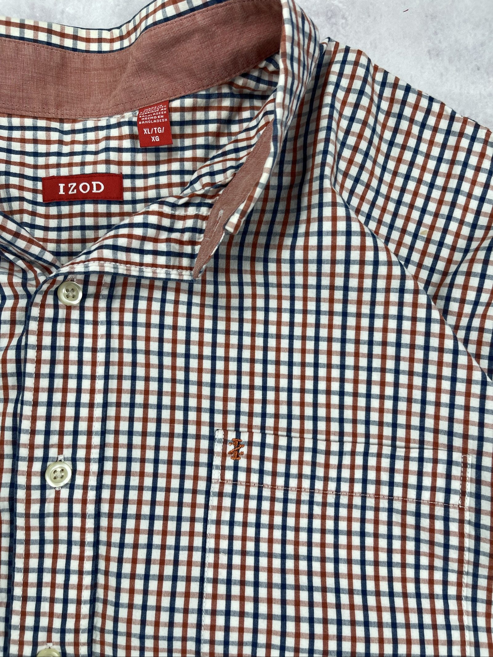 IZOD Men's Brown & Blue Checked Short Sleeve Shirt XL image 5