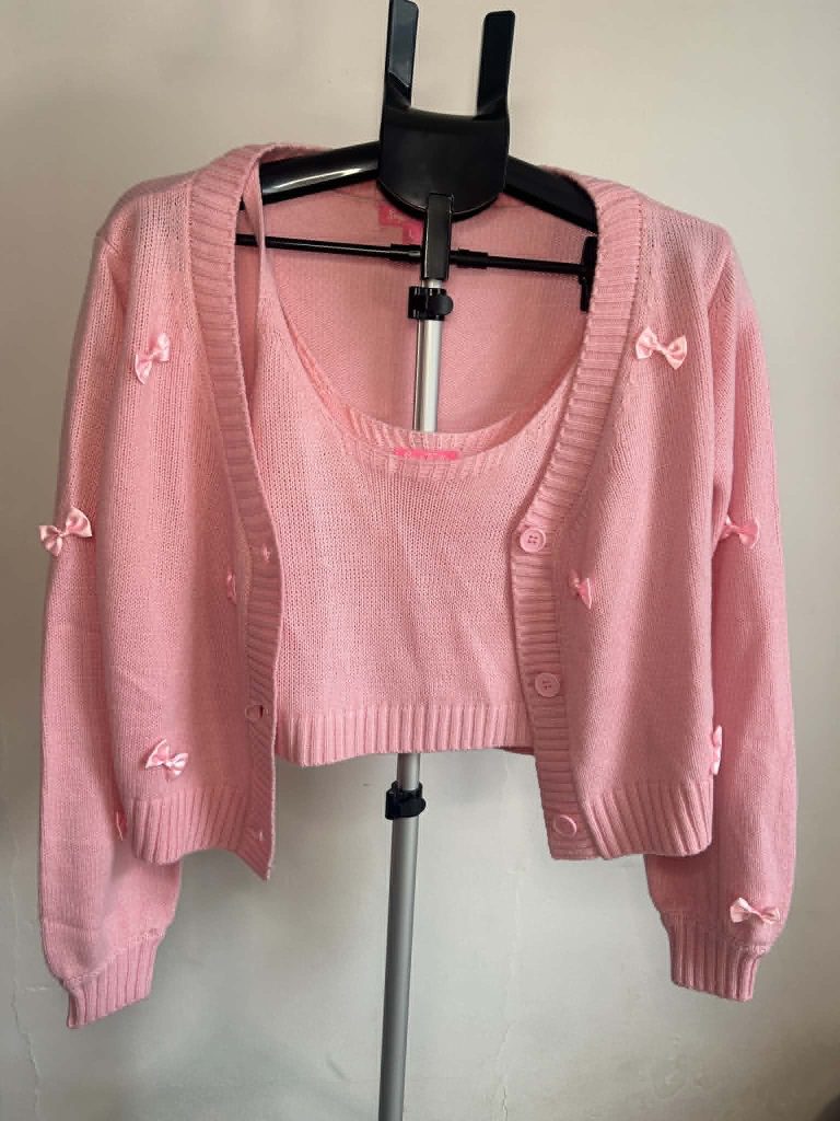 Sugar Thrillz Pink Bow Embellished knitted Crop vest and Cardigan Set Large