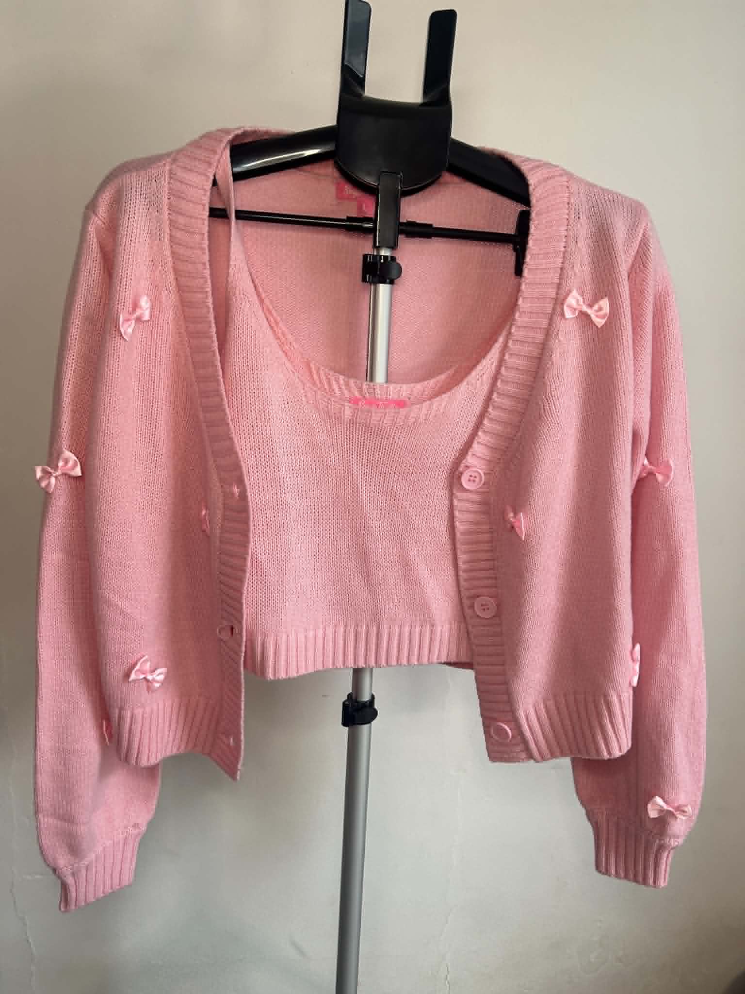 Sugar Thrillz Pink Bow Embellished knitted Crop vest and Cardigan Set Large