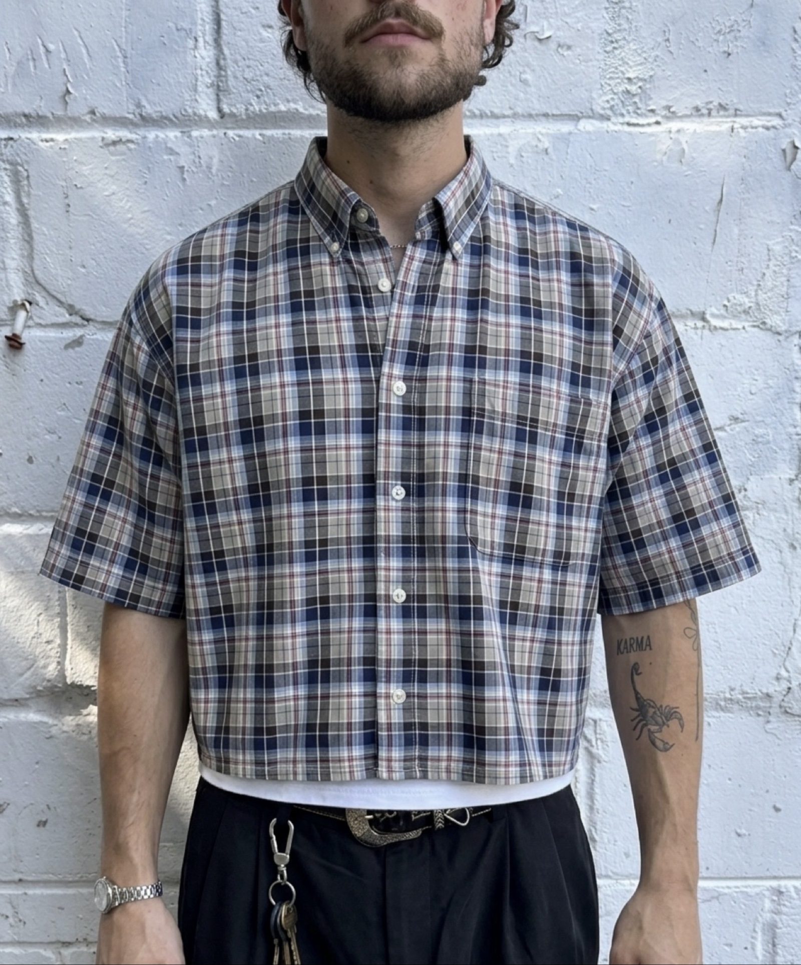 Haggar Men's Blue, Beige & Brown Plaid Short Sleeve Shirt 2XLT