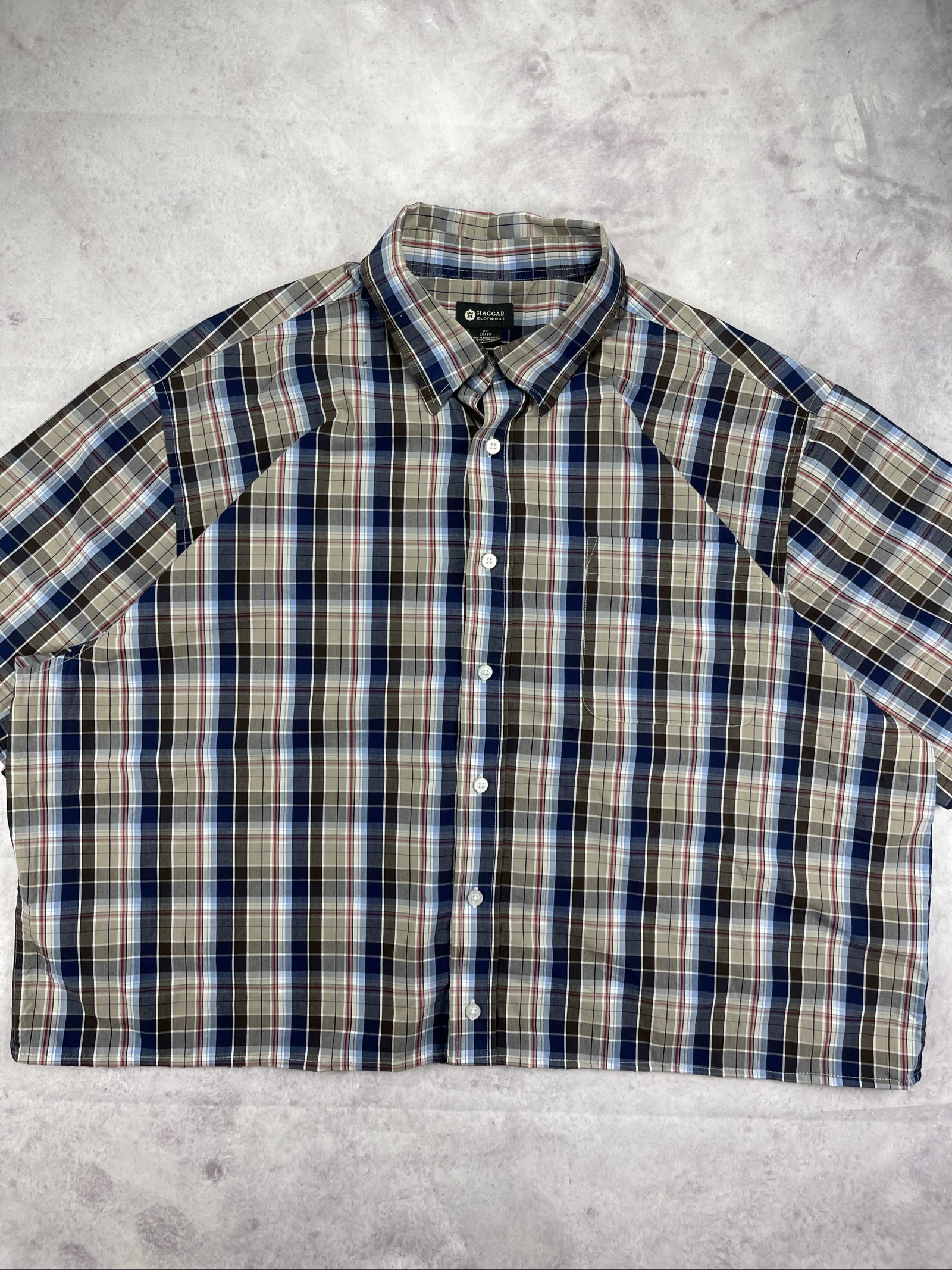 Haggar Men's Blue, Beige & Brown Plaid Short Sleeve Shirt 2XLT image 2