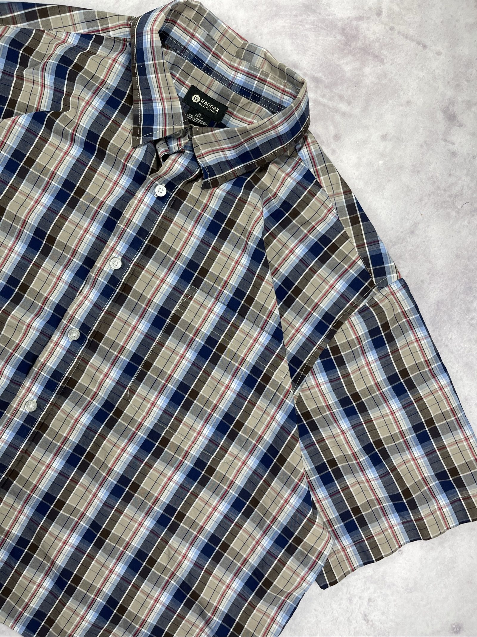 Haggar Men's Blue, Beige & Brown Plaid Short Sleeve Shirt 2XLT image 3