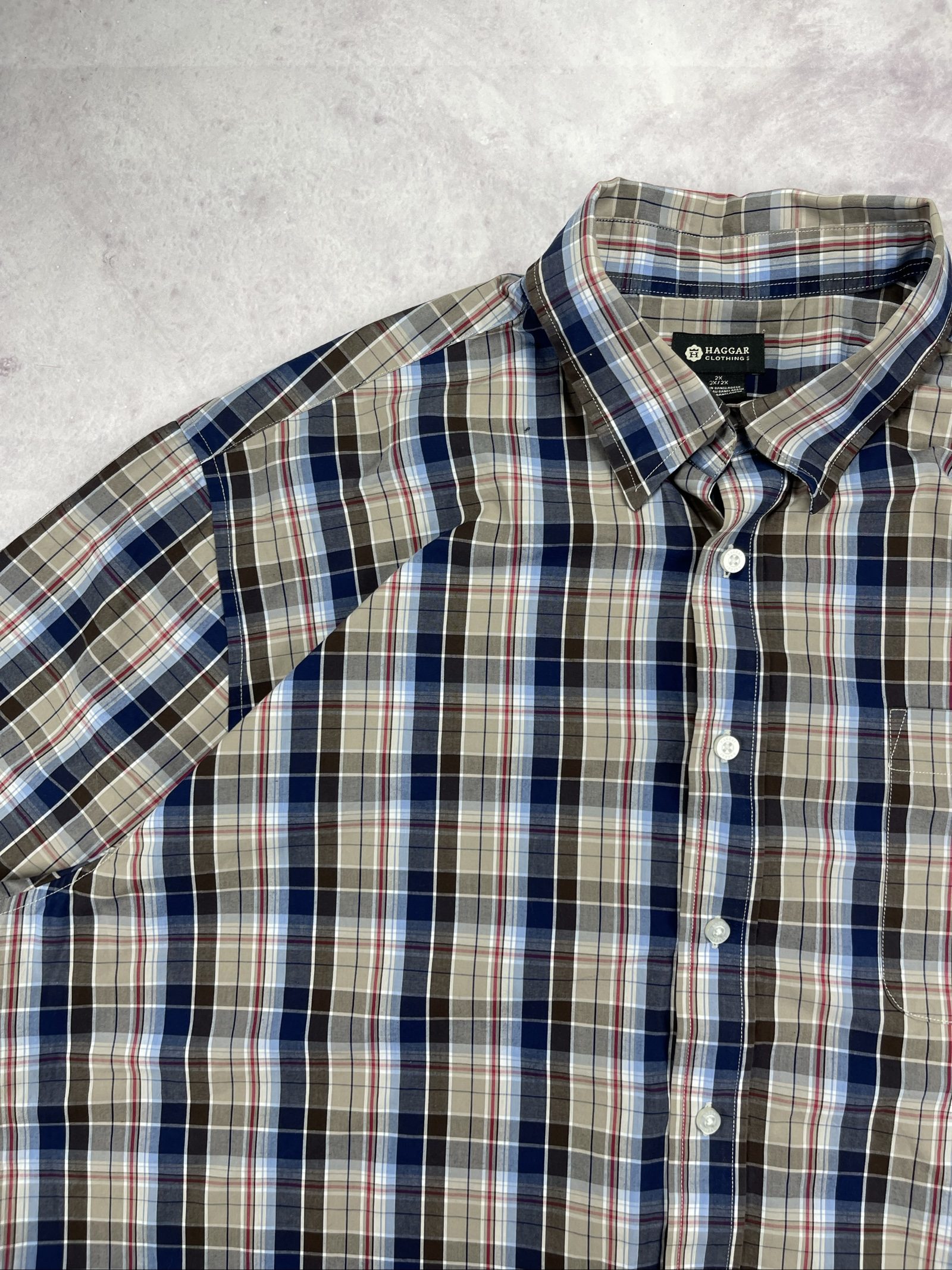 Haggar Men's Blue, Beige & Brown Plaid Short Sleeve Shirt 2XLT image 4