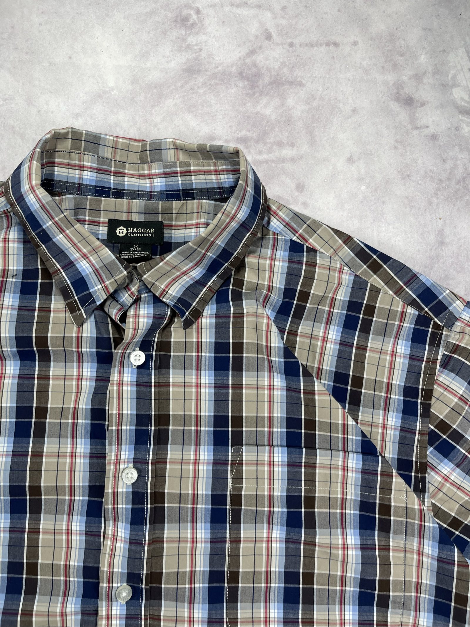 Haggar Men's Blue, Beige & Brown Plaid Short Sleeve Shirt 2XLT image 5