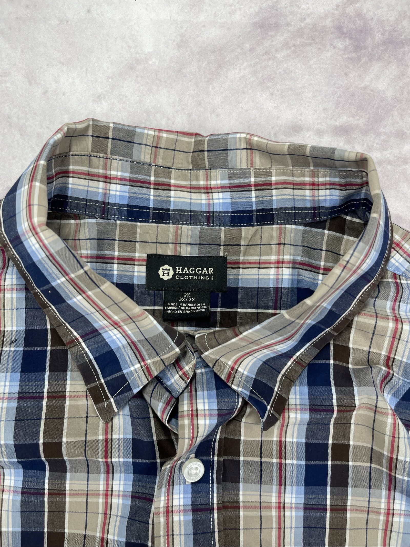 Haggar Men's Blue, Beige & Brown Plaid Short Sleeve Shirt 2XLT image 6