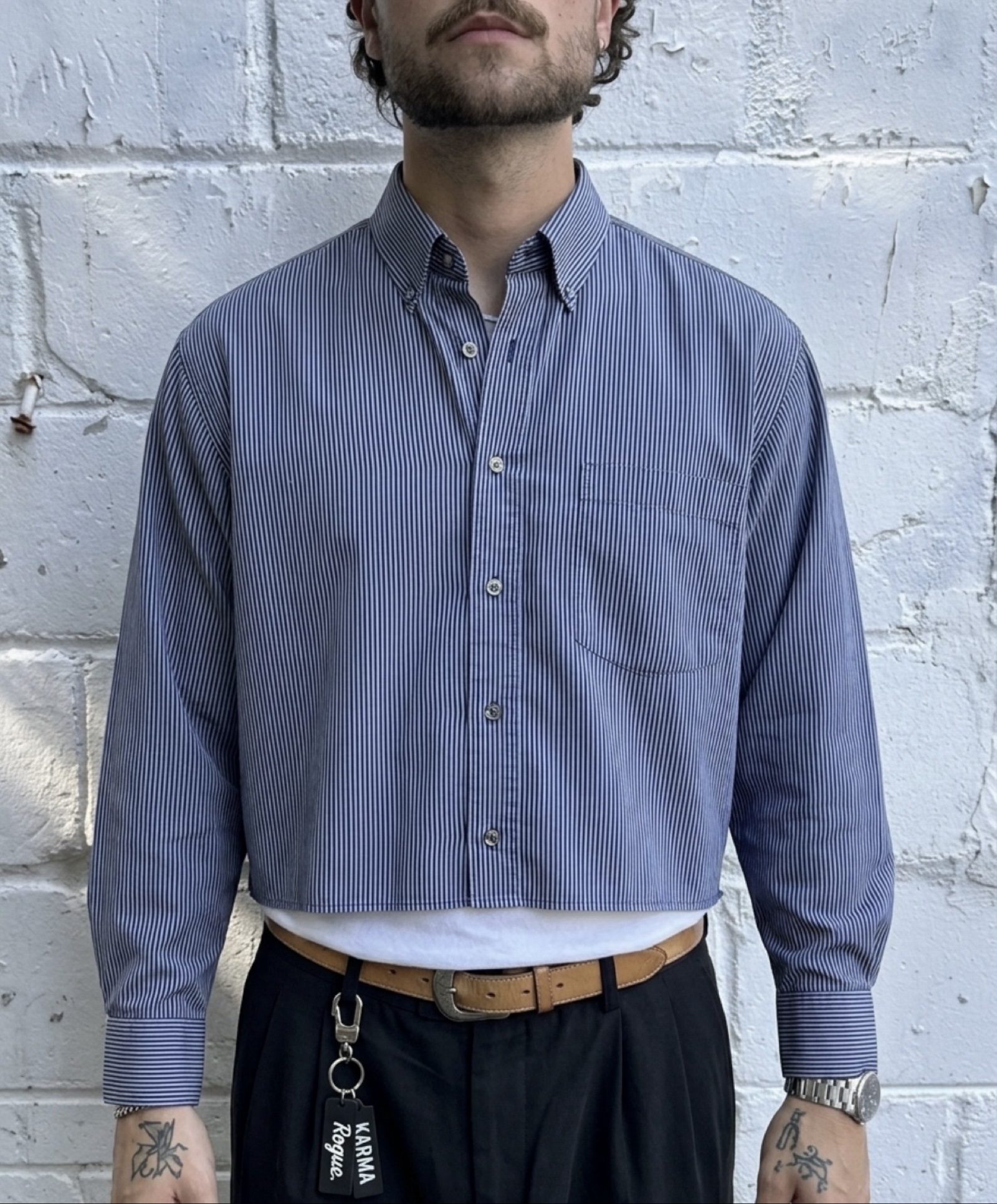 John Ashford Blue & Navy Striped Men's Dress Shirt Large