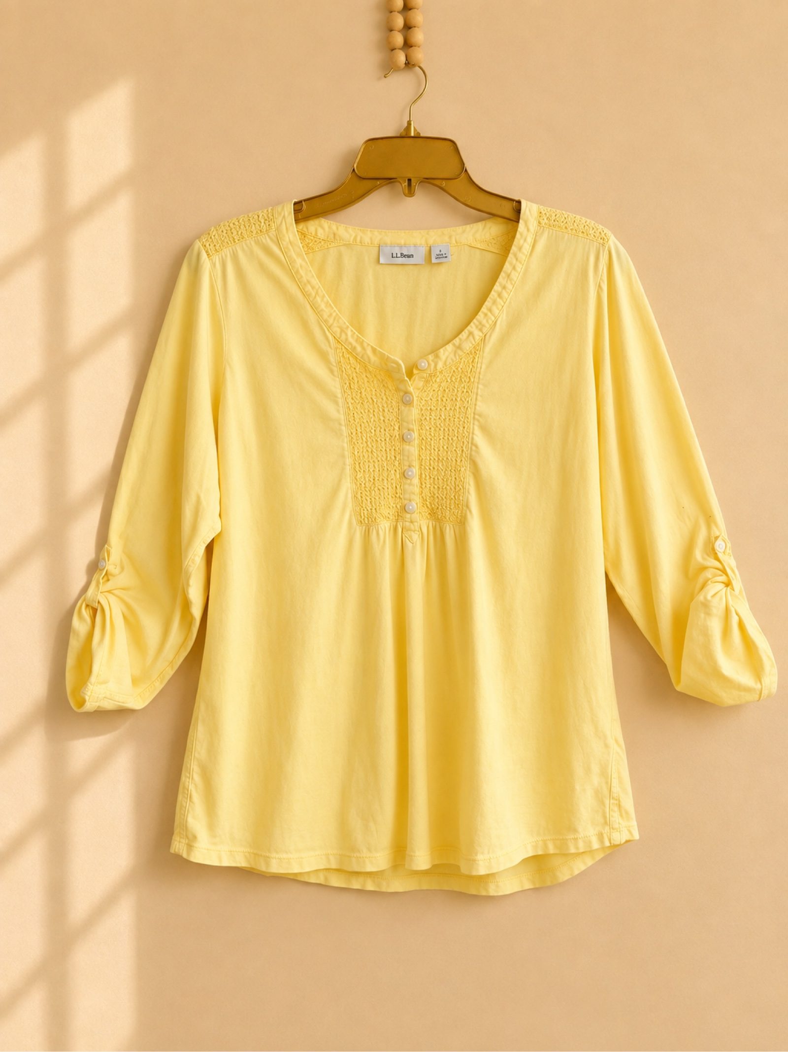 L.L.Bean Yellow Smocked Front Henley Top 3/4 Sleeve 100% Cotton Size Large