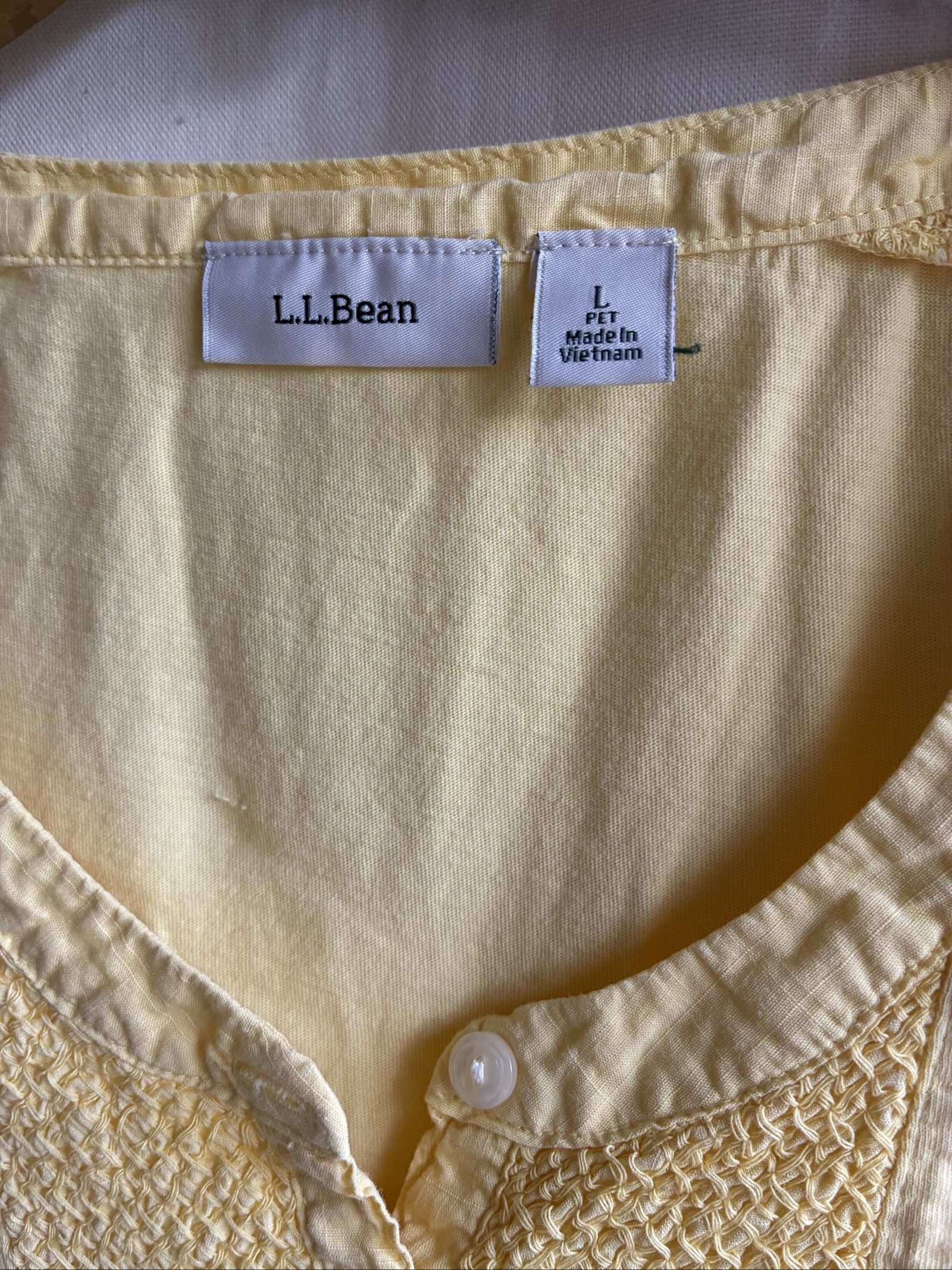 L.L.Bean Yellow Smocked Front Henley Top 3/4 Sleeve 100% Cotton Size Large image 2