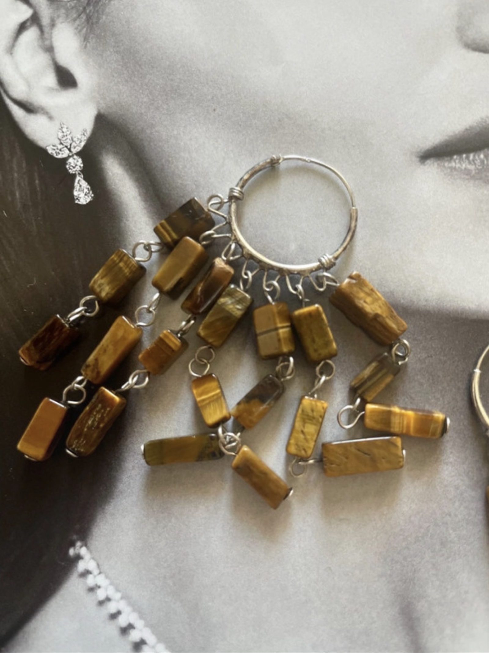 Tiger's Eye Stone & Silver Tone Hoop Earrings 6.5 cm Long image 4