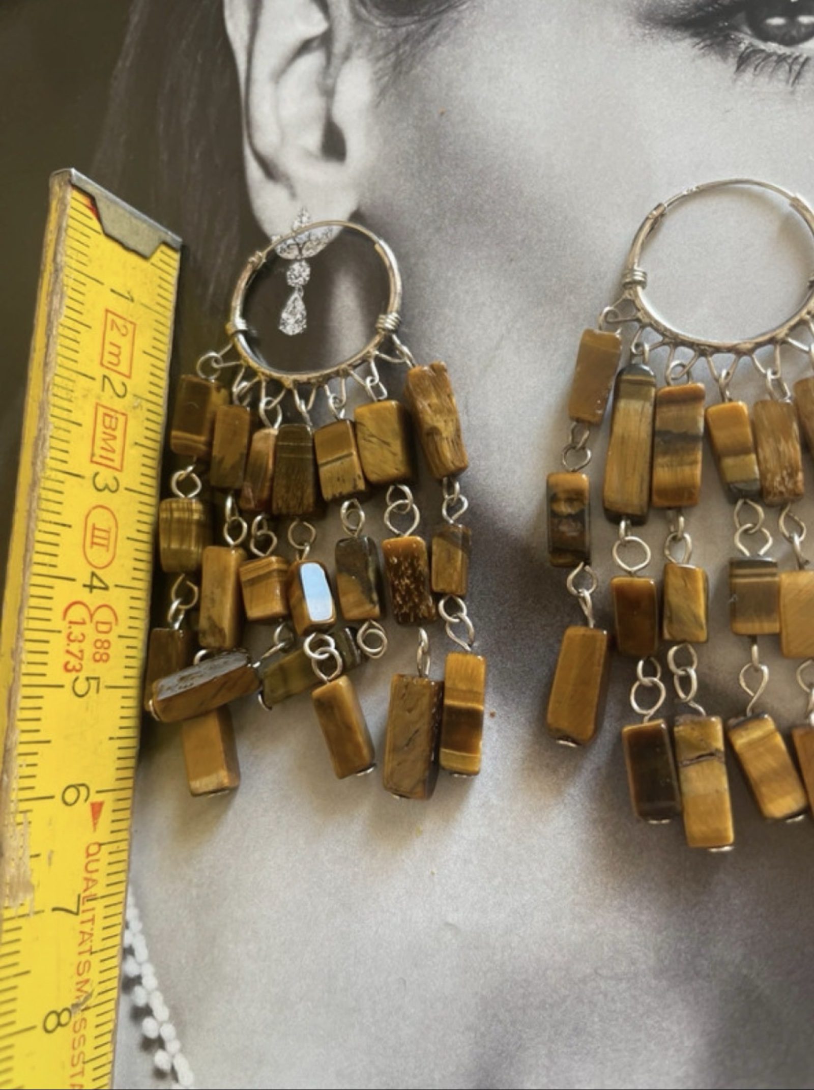 Tiger's Eye Stone & Silver Tone Hoop Earrings 6.5 cm Long image 5