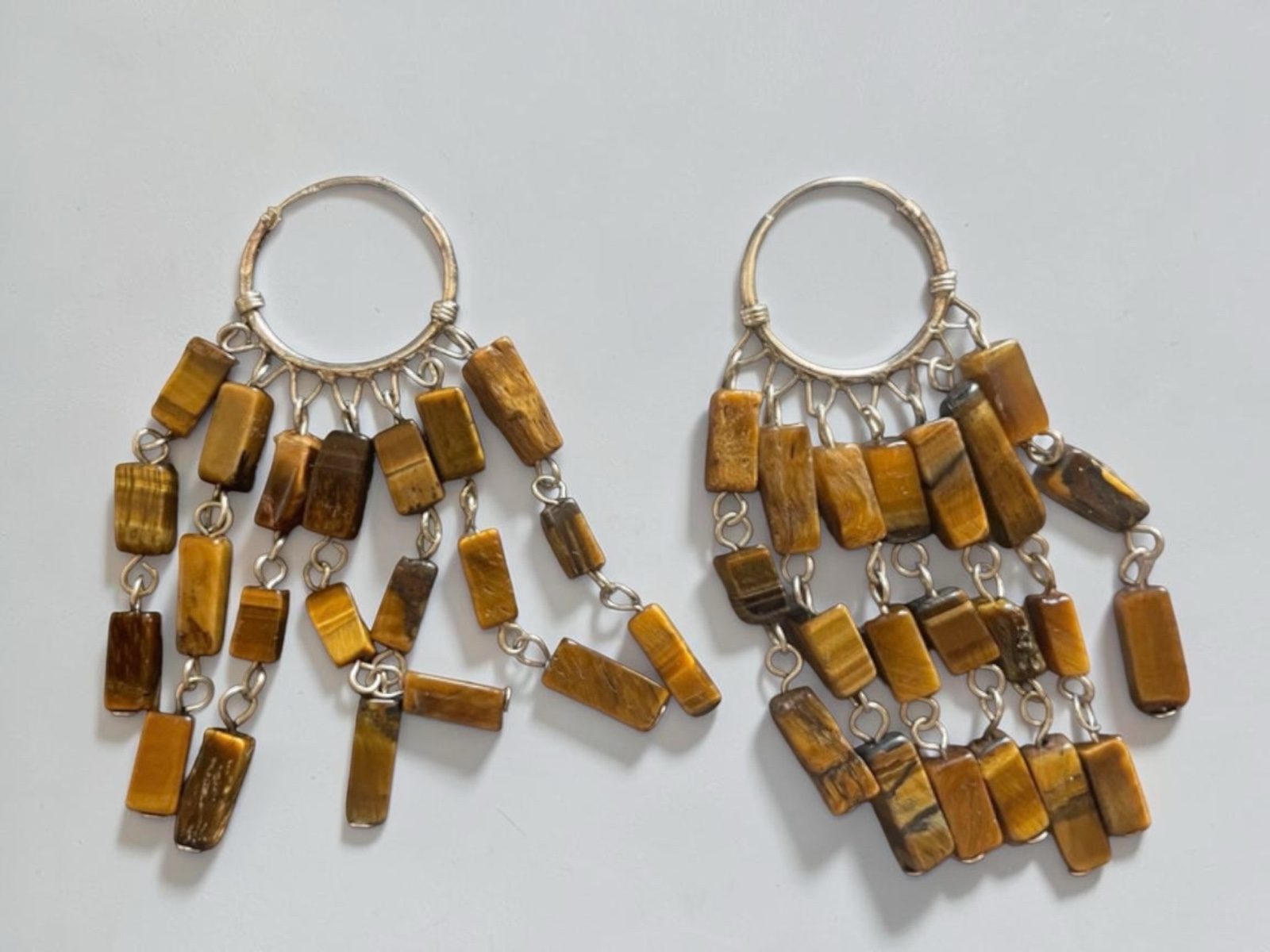 Tiger's Eye Stone & Silver Hoop Earrings 6,5 cm Long s925 boho chic