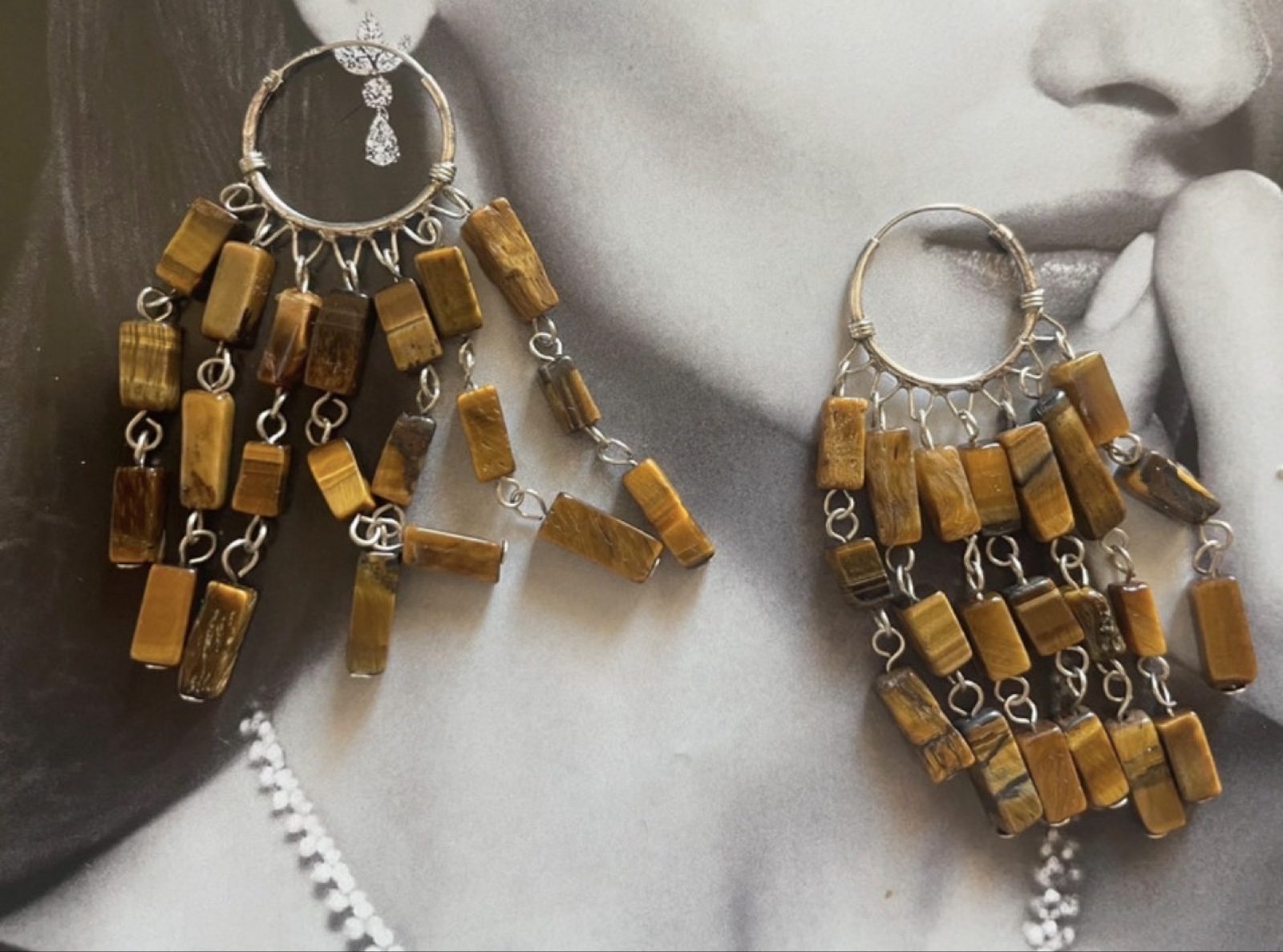 Tiger's Eye Stone & Silver Hoop Earrings 6,5 cm Long s925 boho chic image 2