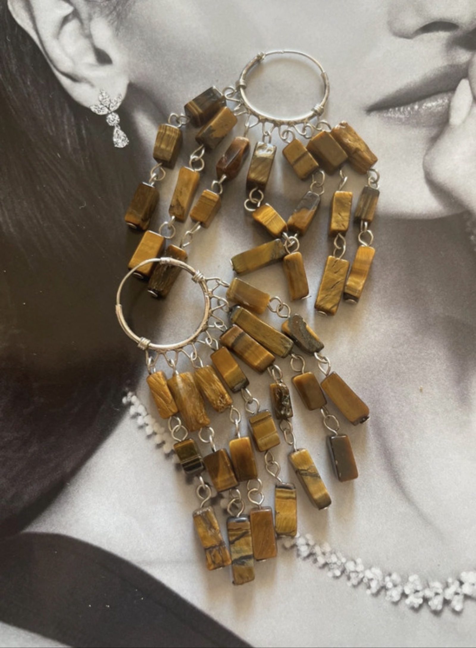 Tiger's Eye Stone & Silver Hoop Earrings 6,5 cm Long s925 boho chic image 3