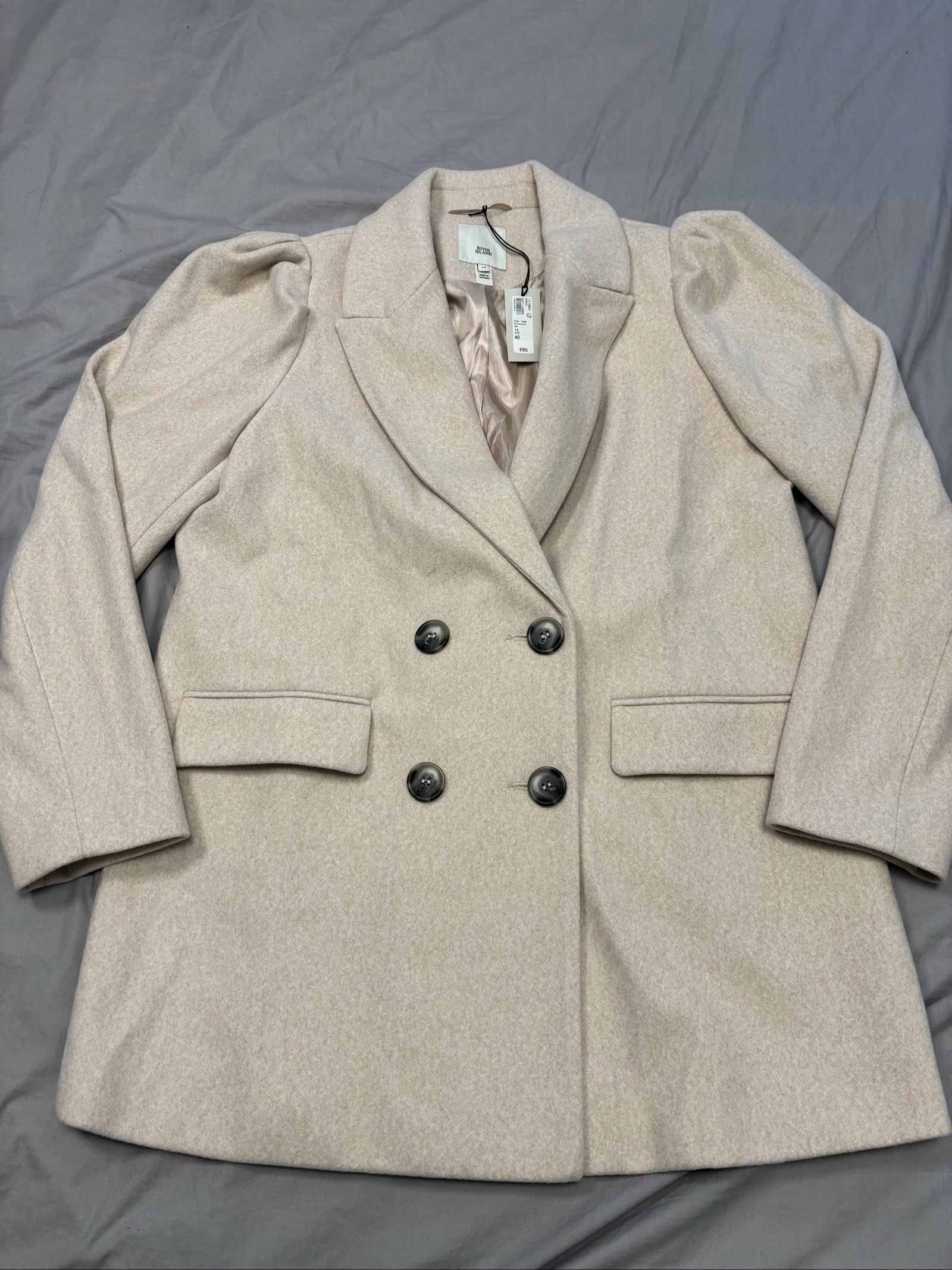 River Island Women's Light Pink Wool Blend Puff Sleeve Coat UK 14