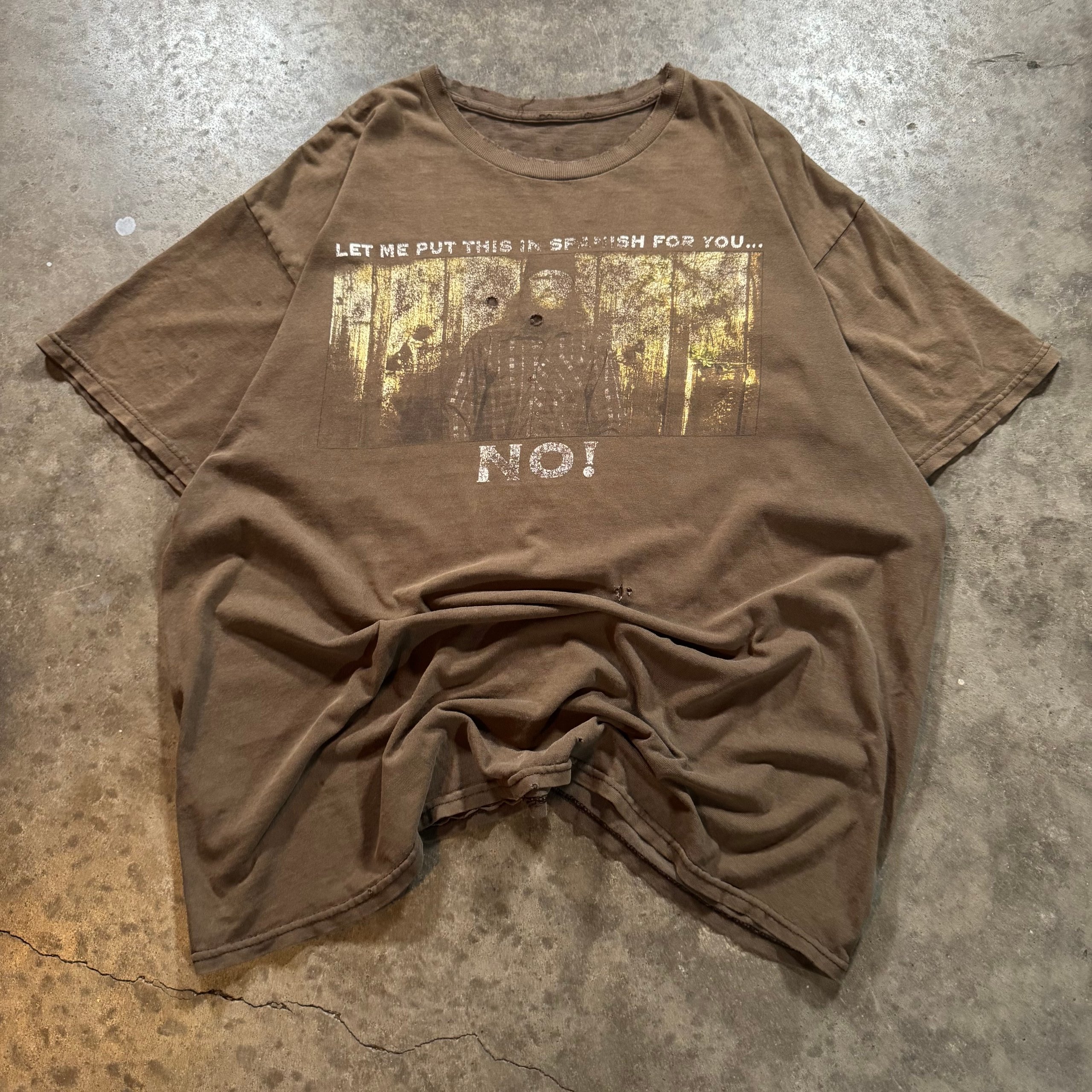Vintage Brown Graphic Cotton T-Shirt Large Distressed Holes